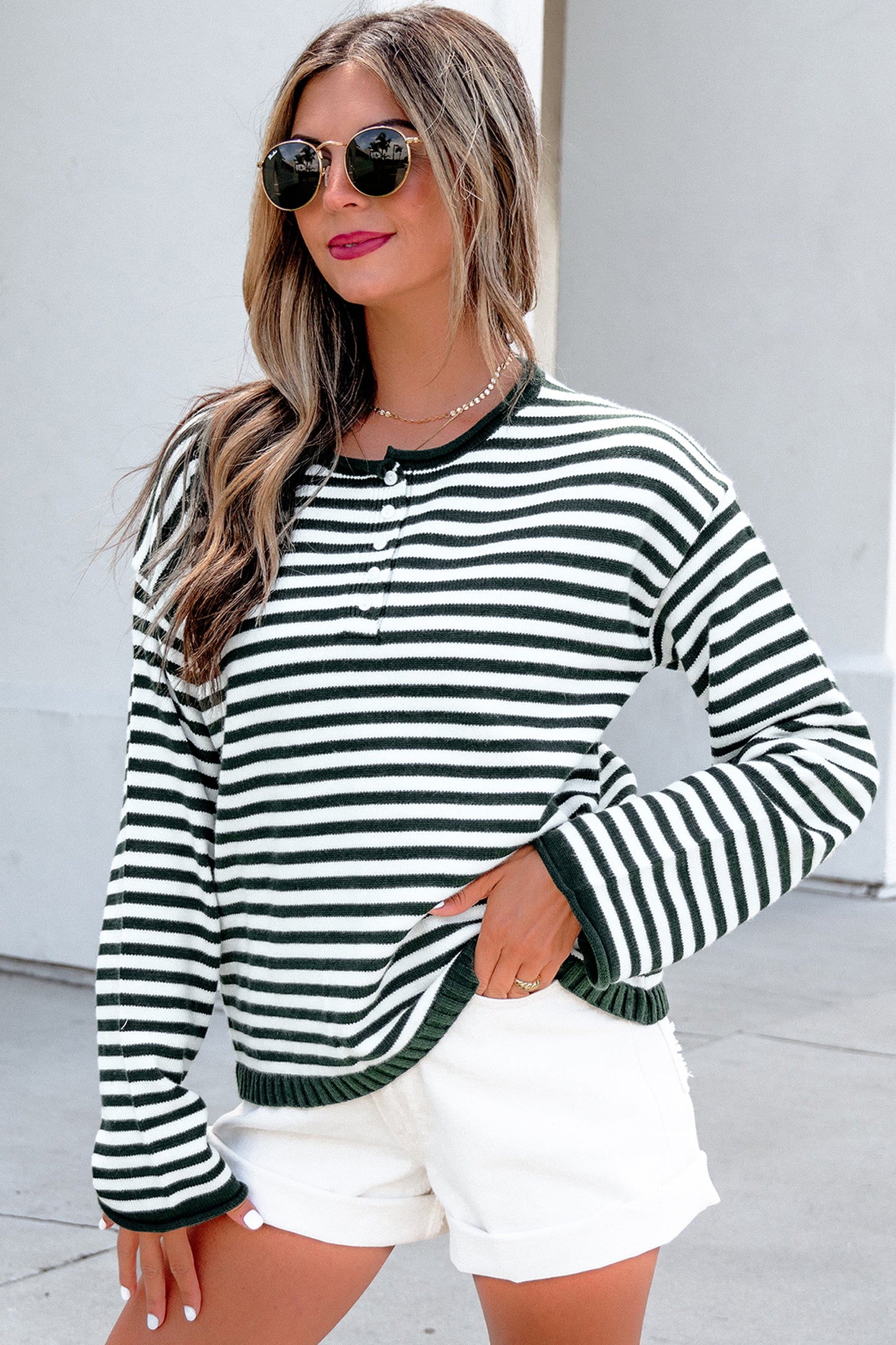 Green Stripe Striped Button Placket Drop Shoulder Long Sleeve Sweater-Sweaters & Cardigans/Sweaters-[Adult]-[Female]-2022 Online Blue Zone Planet