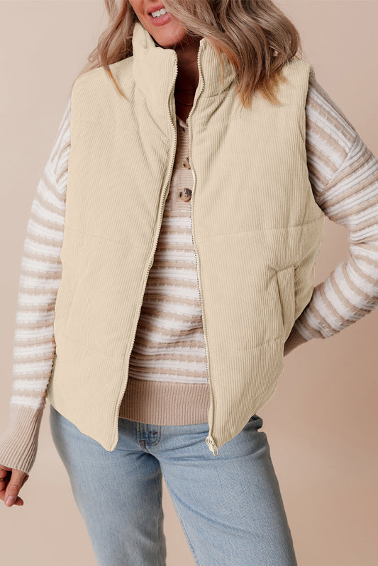 Beige Corduroy Stand Neck Zipped Puffer Vest-Outerwear/Vests-[Adult]-[Female]-Beige-S-2022 Online Blue Zone Planet