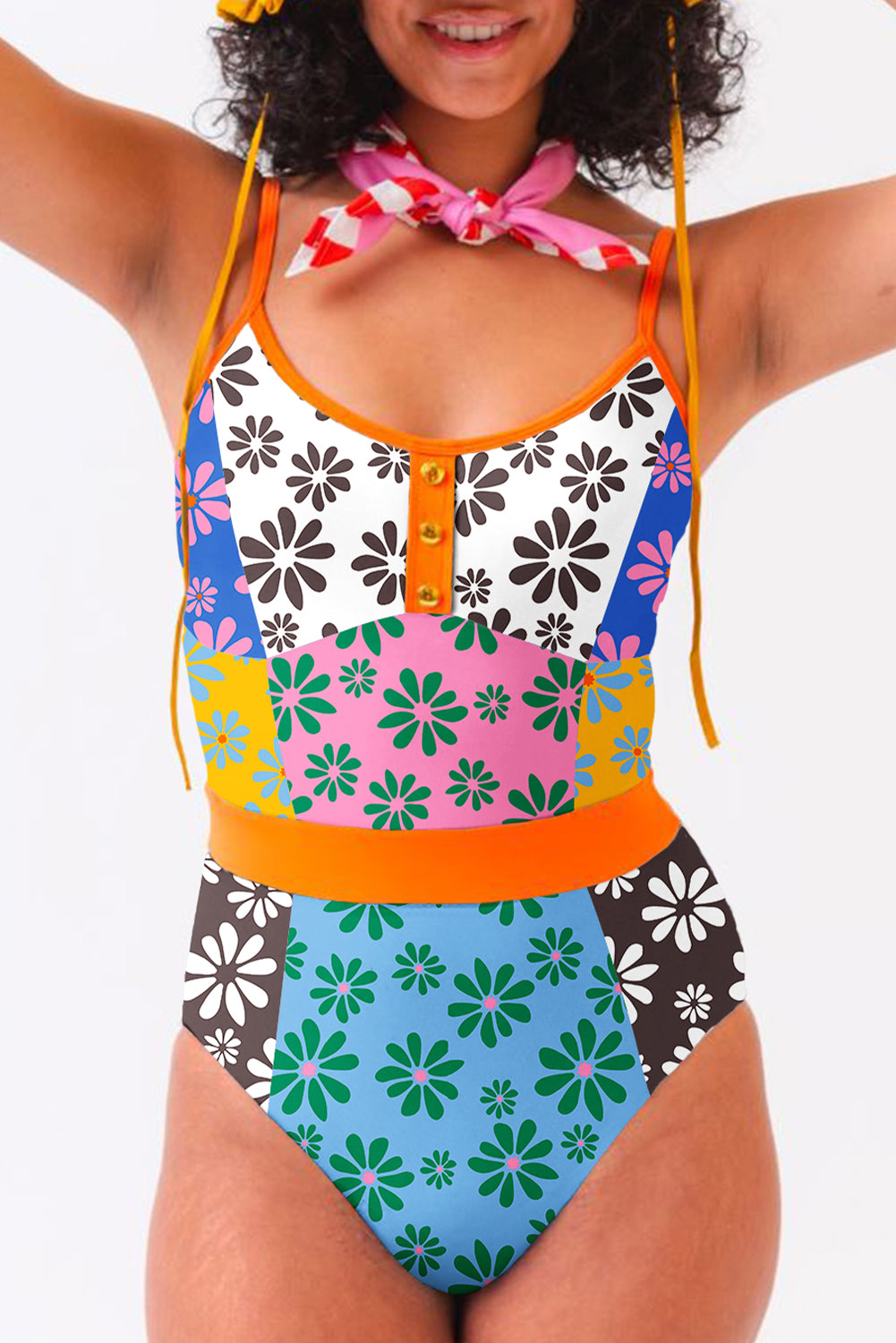 Orange Floral Colorblock Buttoned Front Spaghetti Straps Swimsuit-One-Piece-[Adult]-[Female]-Orange-S-2022 Online Blue Zone Planet
