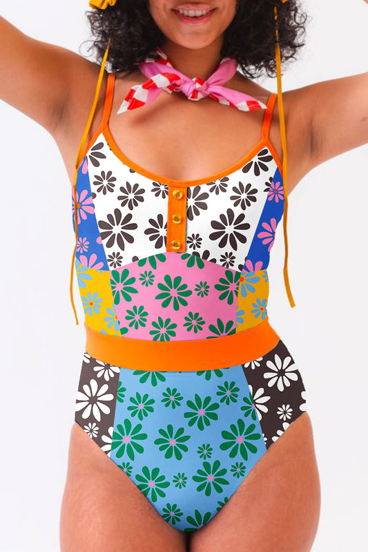 Orange Floral Colorblock Buttoned Front Spaghetti Straps Swimsuit-One-Piece-[Adult]-[Female]-Orange-S-2022 Online Blue Zone Planet
