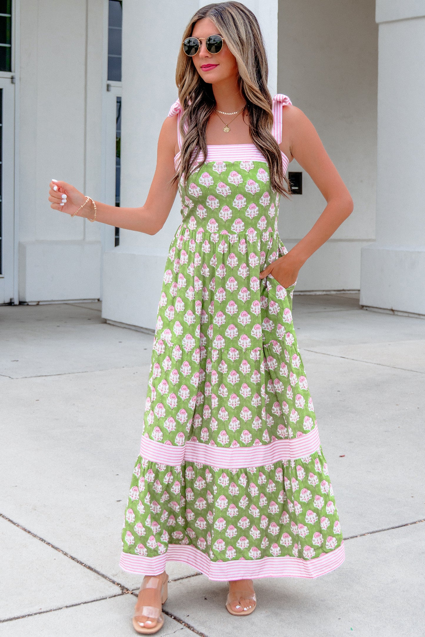 Green Floral Print Striped Detail Knot Straps Maxi Dress-TOPS / DRESSES-[Adult]-[Female]-2022 Online Blue Zone Planet