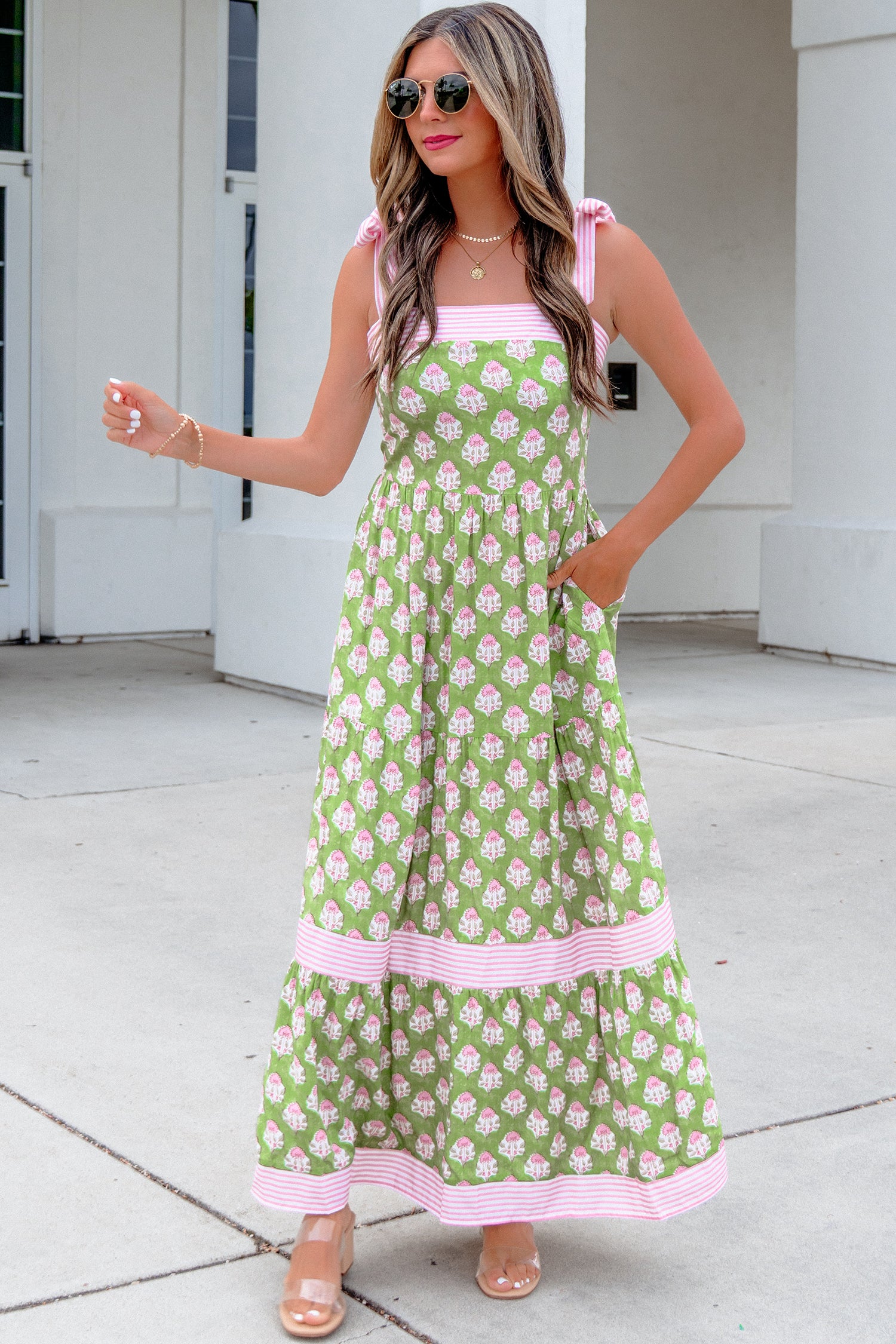 Green Floral Print Striped Detail Knot Straps Maxi Dress-TOPS / DRESSES-[Adult]-[Female]-2022 Online Blue Zone Planet