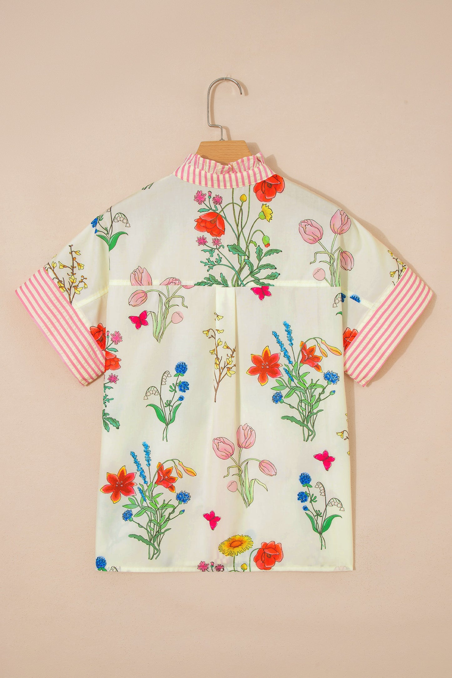 Beige Floral Striped Patchwork Ruffled Collar Short Sleeve Shirt-Tops/Blouses & Shirts-[Adult]-[Female]-2022 Online Blue Zone Planet