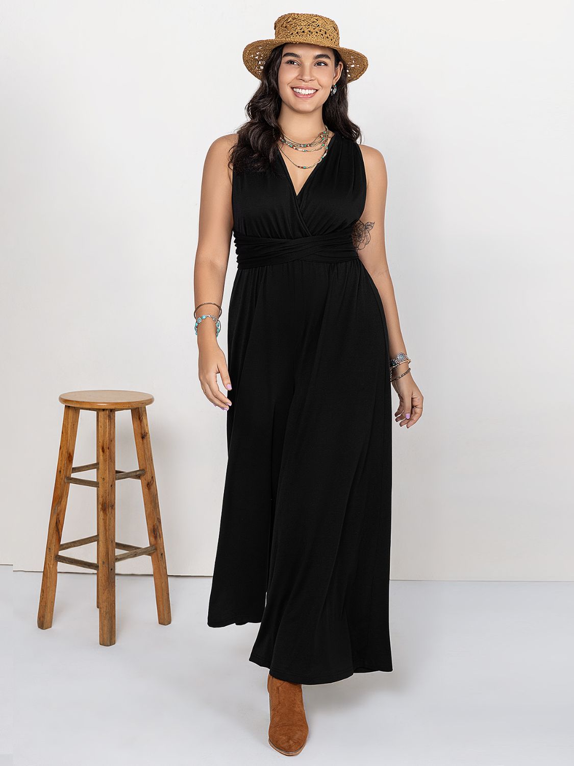 Plus Size V-Neck Wide Leg Jumpsuit-TOPS / DRESSES-[Adult]-[Female]-Black-0XL-2022 Online Blue Zone Planet