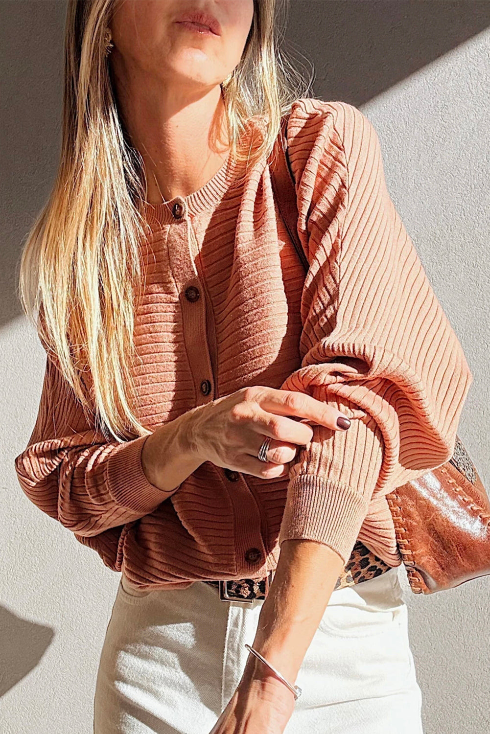 Apricot Pink Wide Rib Knit Button Front Dolman Sleeve Sweater Cardigan-TOPS / DRESSES-[Adult]-[Female]-Apricot Pink-S-2022 Online Blue Zone Planet