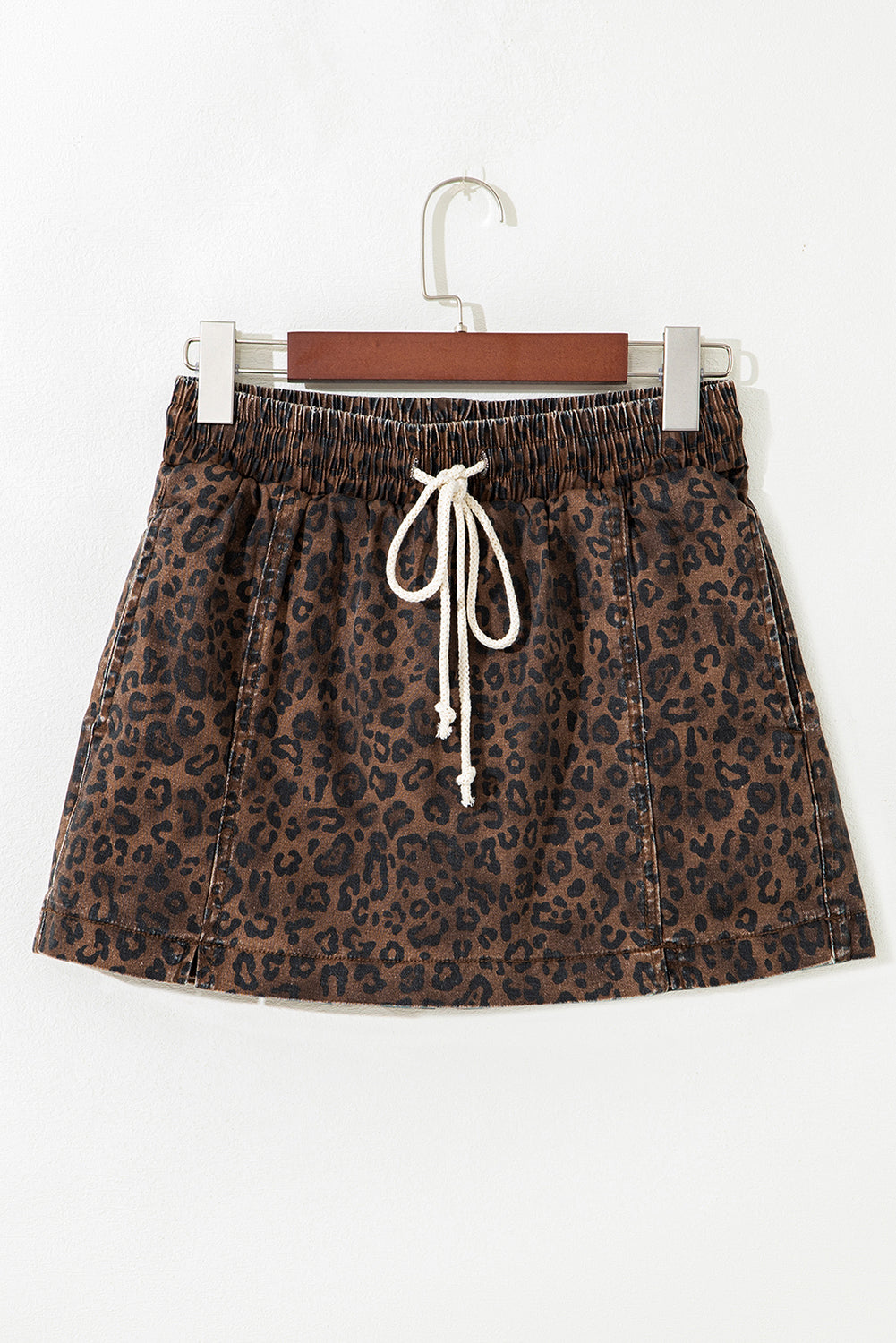 Brown Leopard Print Elastic Waist Drawstring Denim Skort-Bottoms/Denim Shorts-[Adult]-[Female]-2022 Online Blue Zone Planet