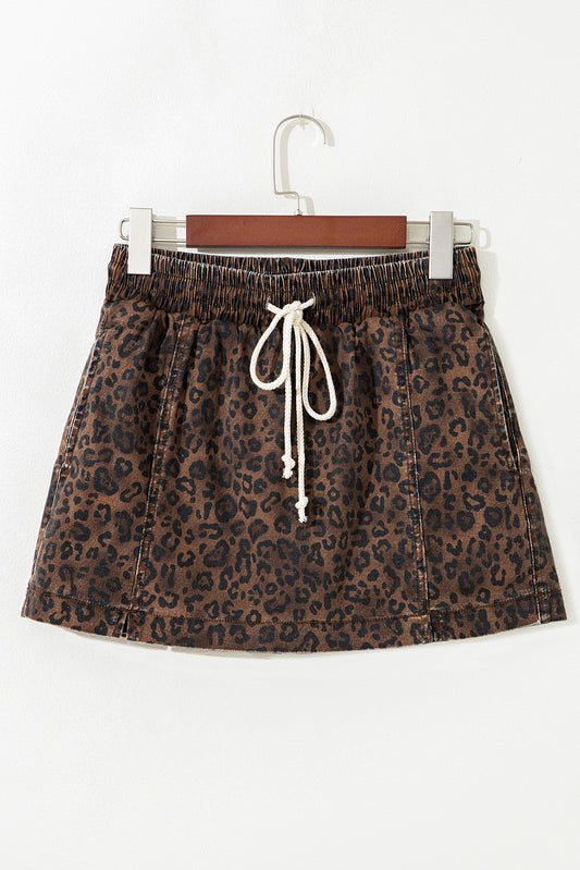Brown Leopard Print Elastic Waist Drawstring Denim Skort-Bottoms/Denim Shorts-[Adult]-[Female]-2022 Online Blue Zone Planet