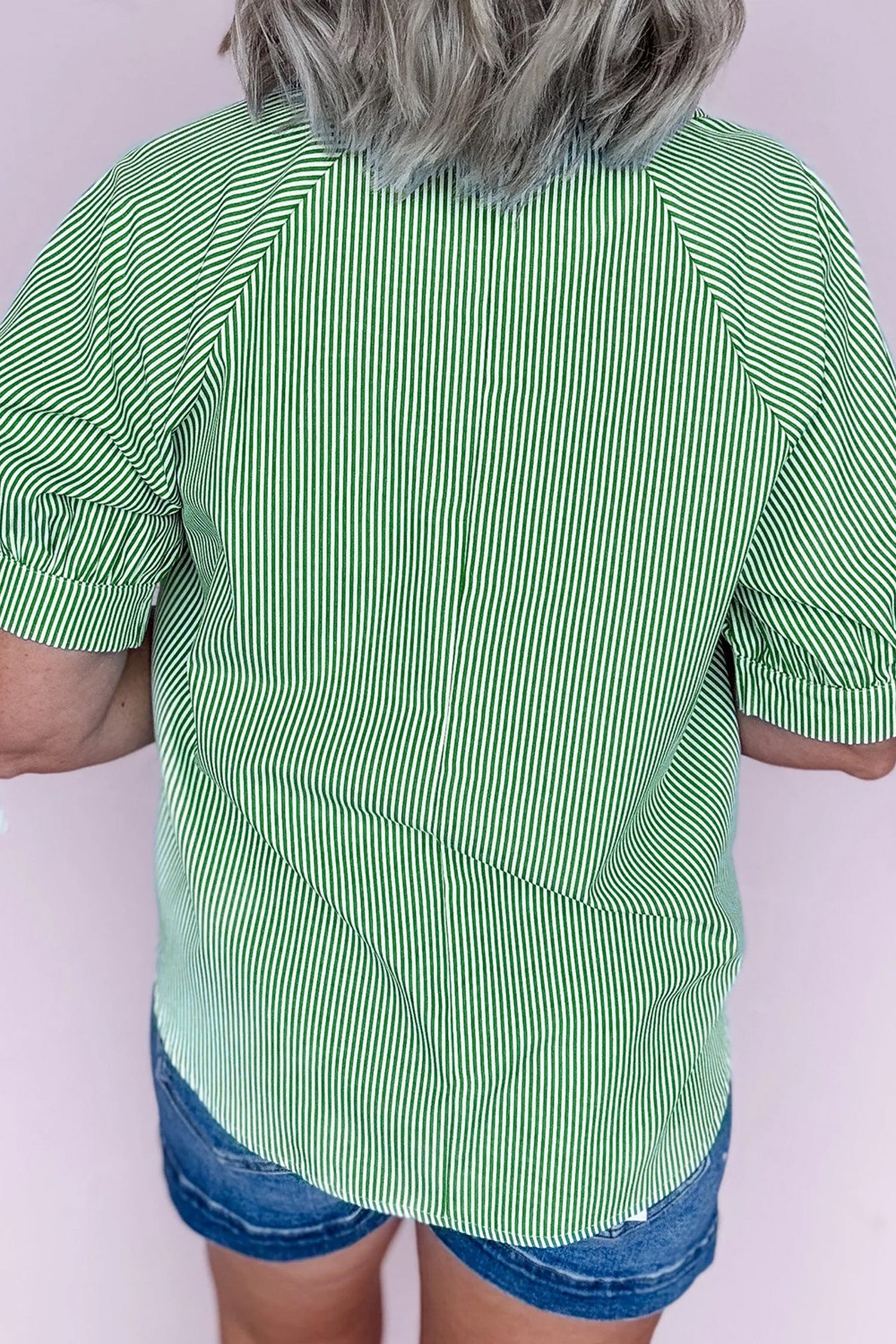 Mint Green Striped Print Collared Split Neck Half Sleeve Blouse-Tops/Blouses & Shirts-[Adult]-[Female]-2022 Online Blue Zone Planet