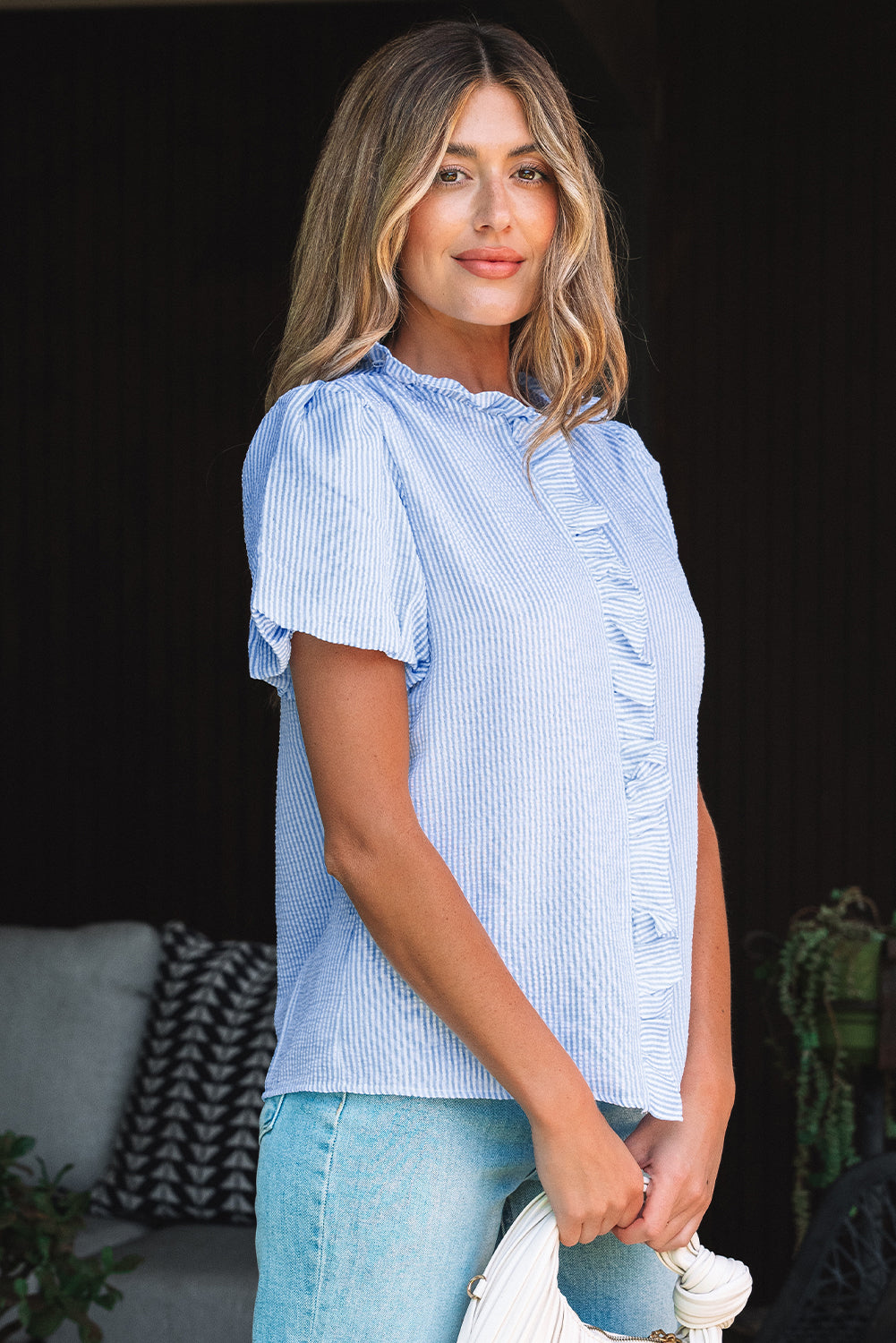 Beau Blue Striped Ruffle Short Bubble Sleeve Shirt-Tops/Blouses & Shirts-[Adult]-[Female]-2022 Online Blue Zone Planet