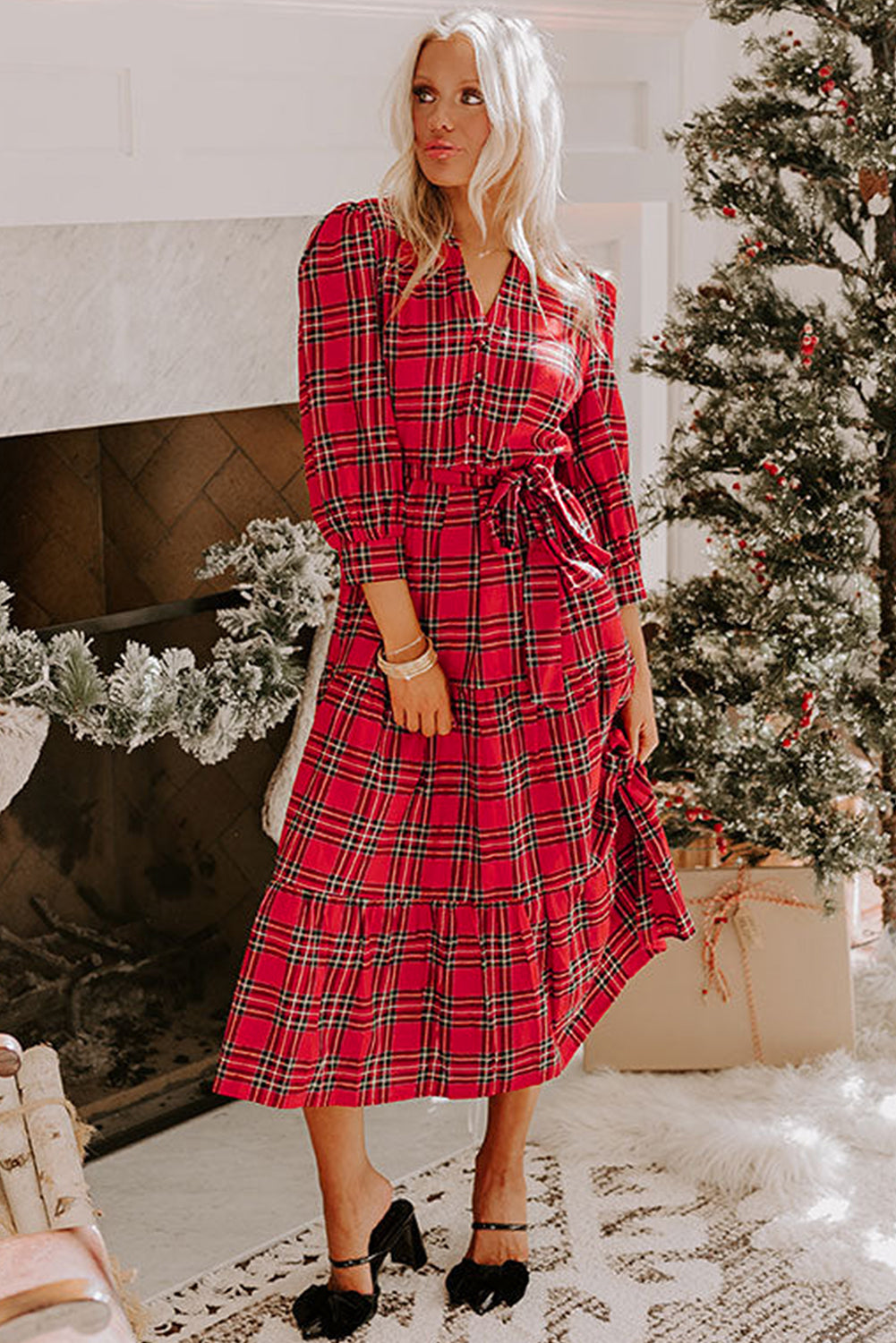 Red Christmas Plaid V Neck 3/4 Sleeve Tie Waist Ruffle Hem Long Dress-TOPS / DRESSES-[Adult]-[Female]-2022 Online Blue Zone Planet