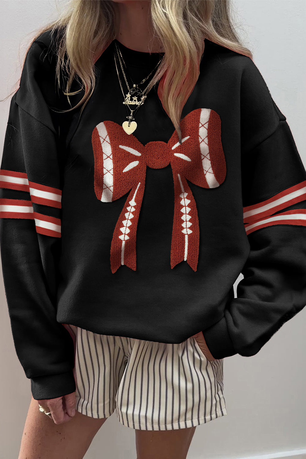 Black Varsity Baseball Bow Graphic Striped Sleeve Baggy Sweatshirt-Tops/Sweatshirts & Hoodies-[Adult]-[Female]-2022 Online Blue Zone Planet