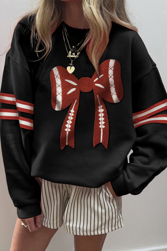 Black Varsity Baseball Bow Graphic Striped Sleeve Baggy Sweatshirt-Tops/Sweatshirts & Hoodies-[Adult]-[Female]-2022 Online Blue Zone Planet