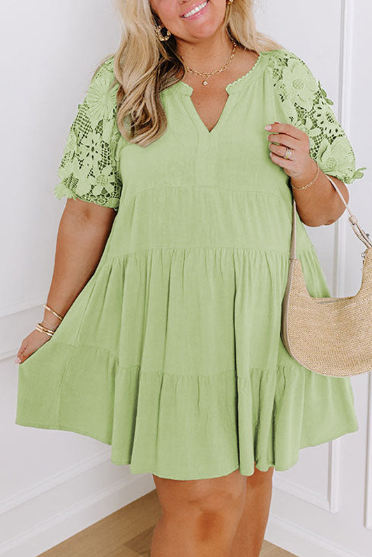 Laurel Green Floral Crochet Short Sleeve Notch V Neck Tiered Plus Size Mini Dress-Plus Size/Plus Size Dresses/Plus Size Mini Dresses-[Adult]-[Female]-Laurel Green-1X-2022 Online Blue Zone Planet