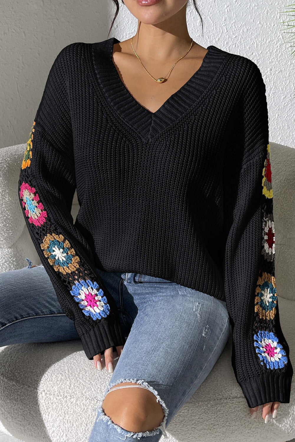 Blue Zone Planet | Black Crochet Flower Splicing V-Neck Pullover Sweater-Sweaters-[Adult]-[Female]-2022 Online Blue Zone Planet