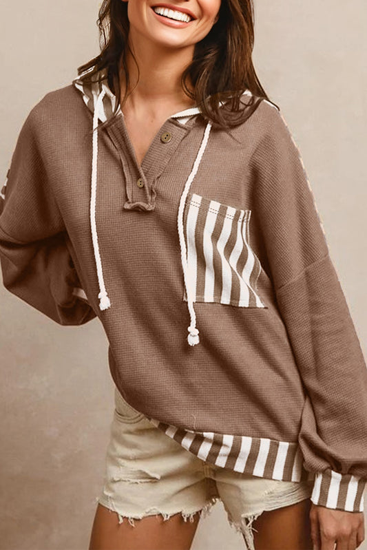Straw Yellow Waffle Texture Striped Patchwork Button Neck Drawstring Hoodie-Tops / Dresses-[Adult]-[Female]-Straw Yellow-S-2022 Online Blue Zone Planet
