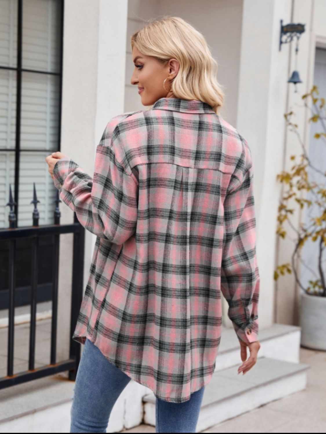 Blue Zone Planet | Pocketed Plaid Collared Neck Long Sleeve Shirt-TOPS / DRESSES-[Adult]-[Female]-2022 Online Blue Zone Planet