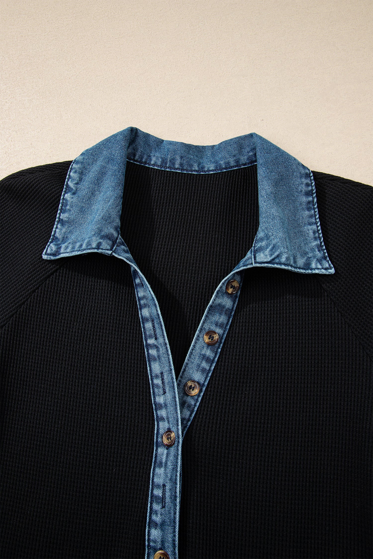 Black Waffle Knit Denim Contrast Trim Patchwork Button Polo Tee Dress-TOPS / DRESSES-[Adult]-[Female]-2022 Online Blue Zone Planet