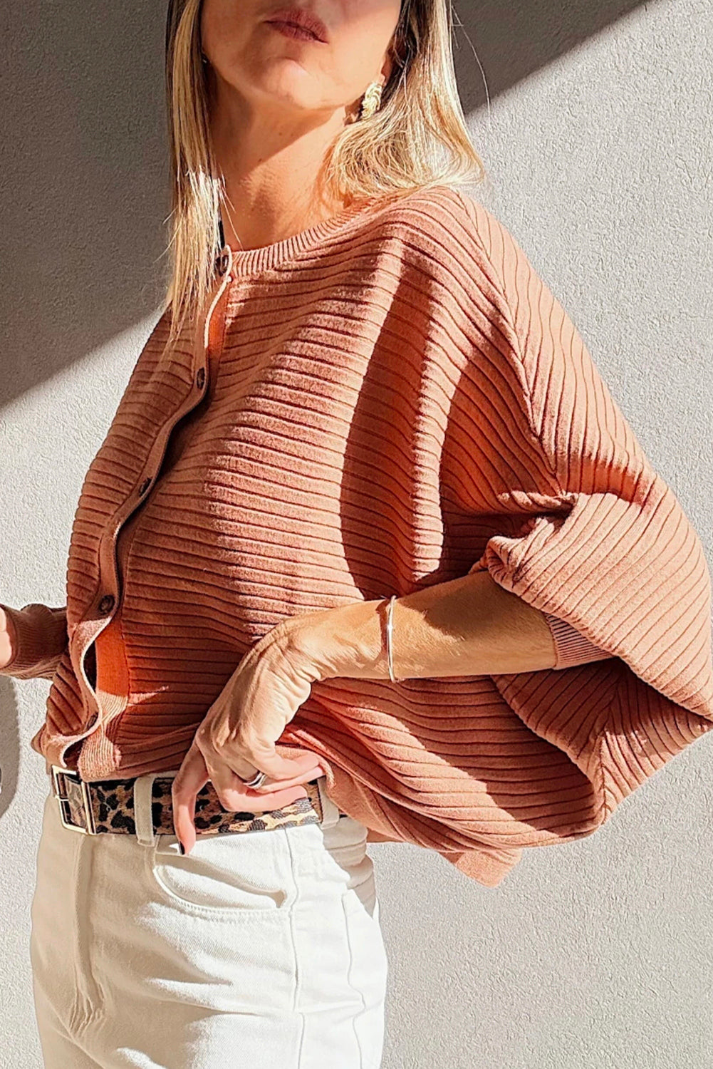 Apricot Pink Wide Rib Knit Button Front Dolman Sleeve Sweater Cardigan-TOPS / DRESSES-[Adult]-[Female]-2022 Online Blue Zone Planet