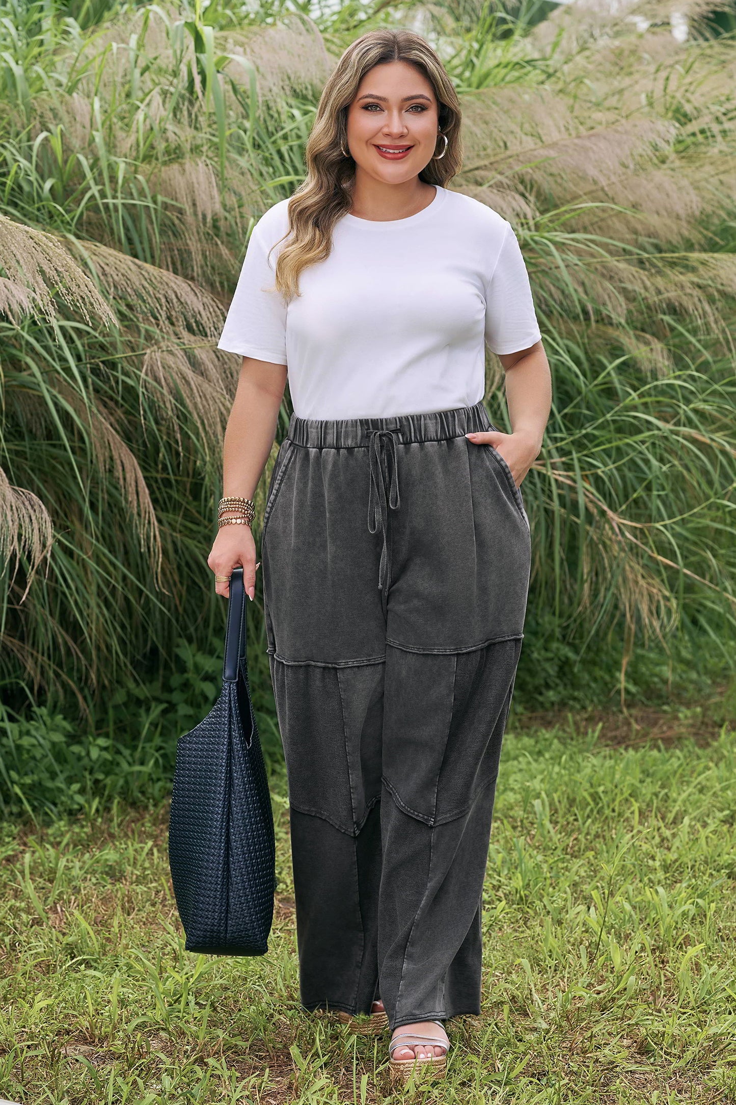 Black Plus Size Mineral Wash Exposed Seam Patchwork Drawstring Loose Pants-Plus Size/Plus Size Bottoms-[Adult]-[Female]-2022 Online Blue Zone Planet