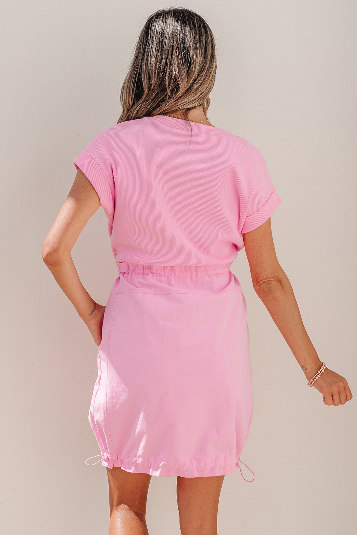 Bonbon Cuffed Short Sleeve Mix Fabric Patchwork Drawstring Mini Dress-TOPS / DRESSES-[Adult]-[Female]-2022 Online Blue Zone Planet