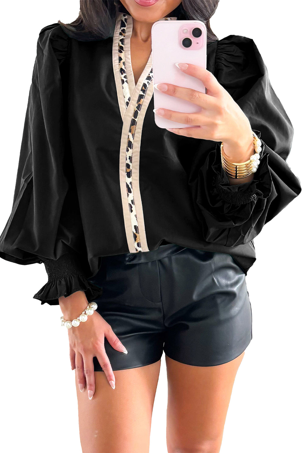 Black Puffy Flounce Sleeve Leopard Trim V Neck Blouse-Tops/Blouses & Shirts-[Adult]-[Female]-2022 Online Blue Zone Planet