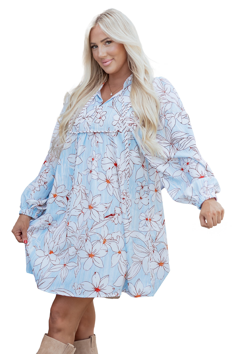 Brown Floral Print Tie Neck 3/4 Sleeve Mini Dress-TOPS / DRESSES-[Adult]-[Female]-2022 Online Blue Zone Planet