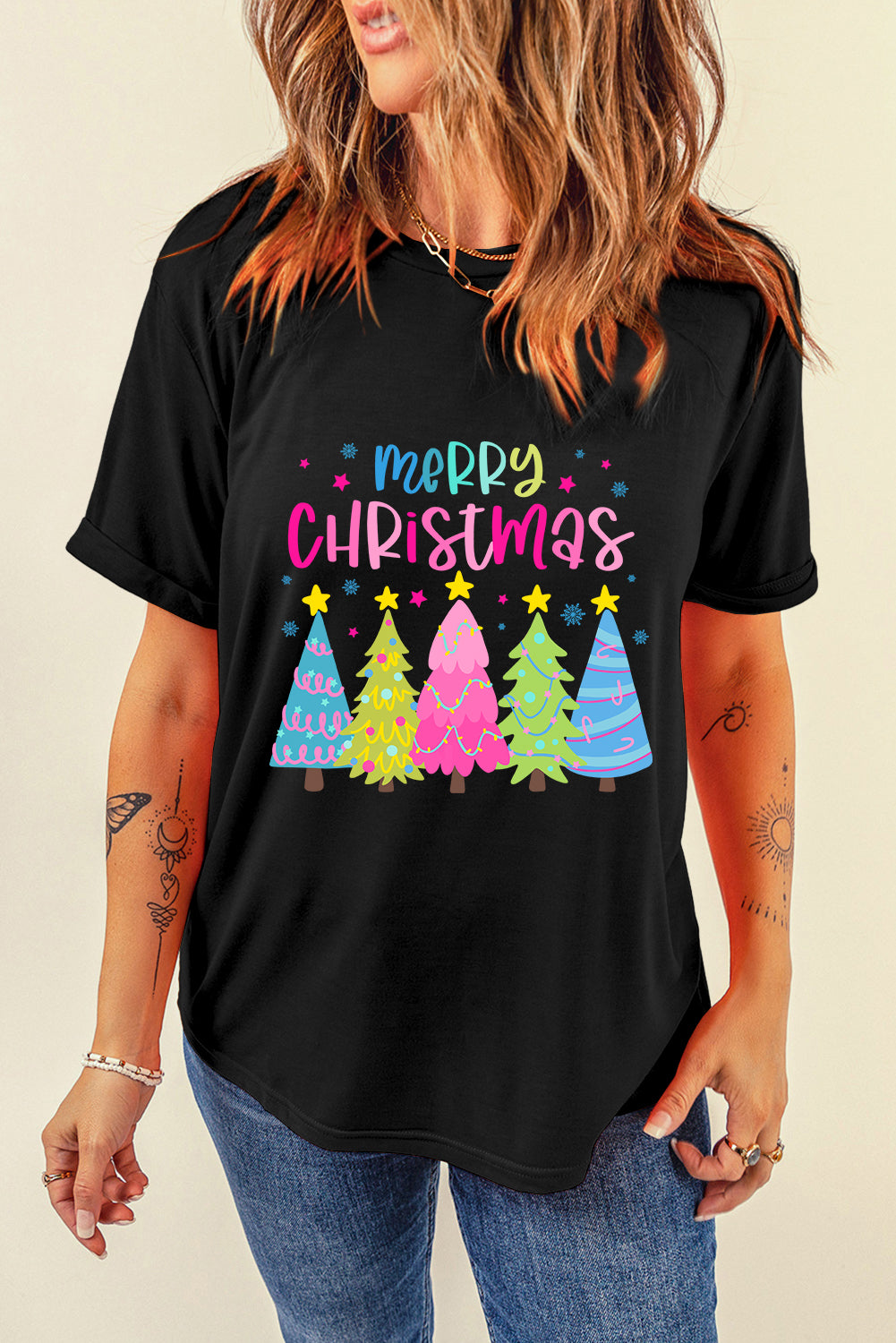 Blue Zone Planet |  Black Merry Christmas Trees Print Crew Neck Loose T Shirt