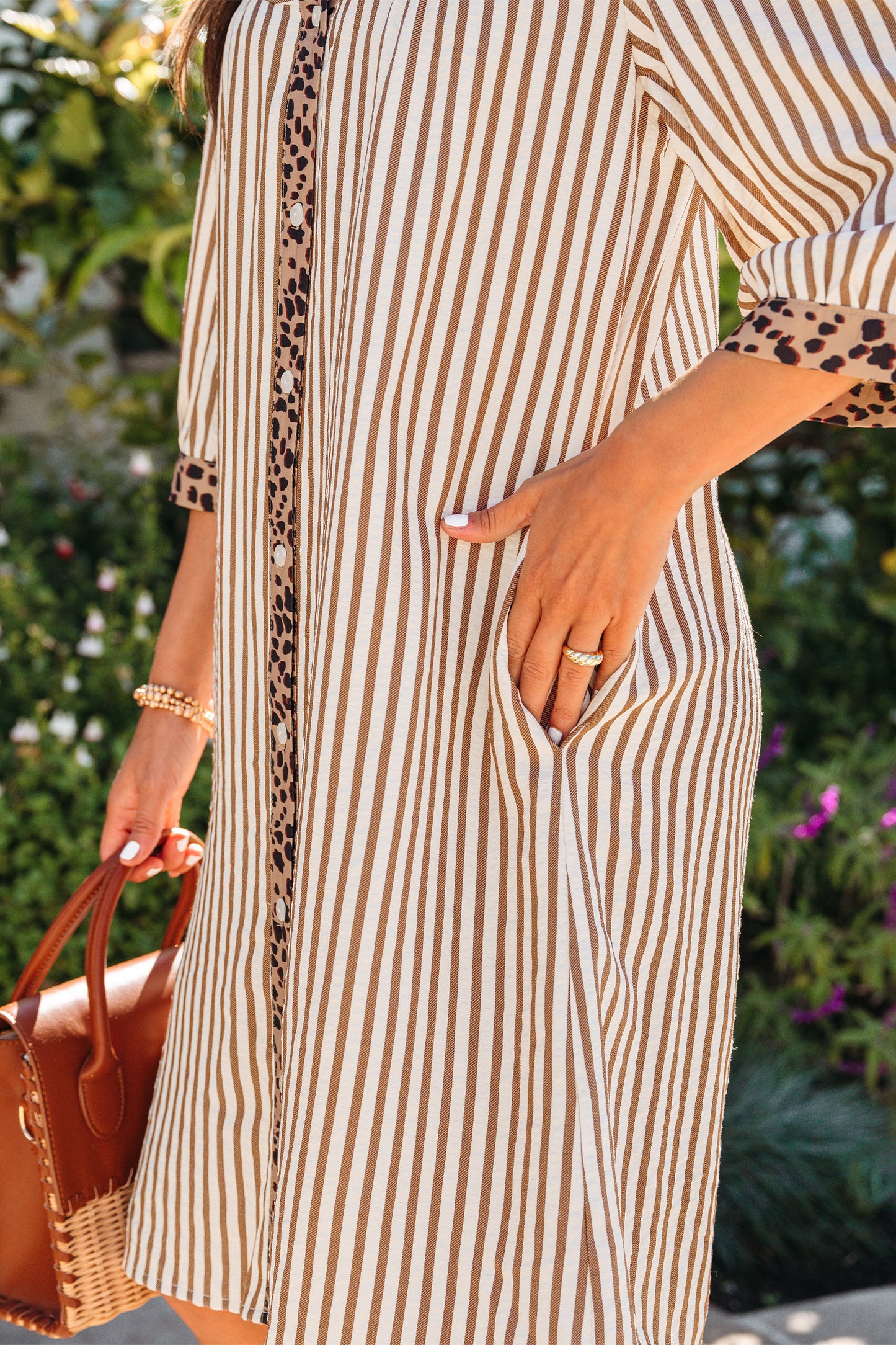 Khaki Stripe Square Button Leopard Trim Loose Bracelet Sleeve Shirt Dress-TOPS / DRESSES-[Adult]-[Female]-2022 Online Blue Zone Planet