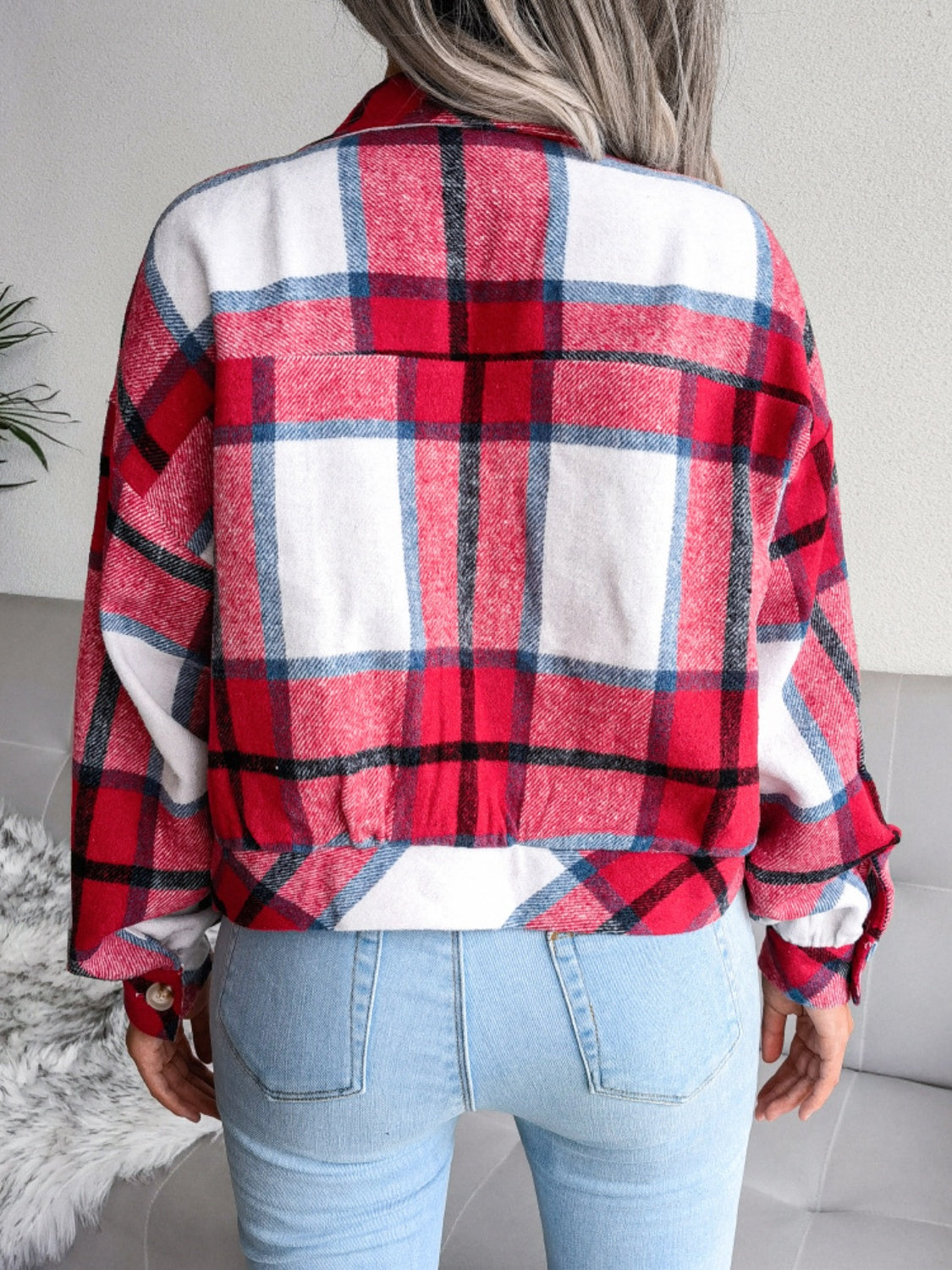 Plaid Collared Neck Long Sleeve Jacket-TOPS / DRESSES-[Adult]-[Female]-2022 Online Blue Zone Planet