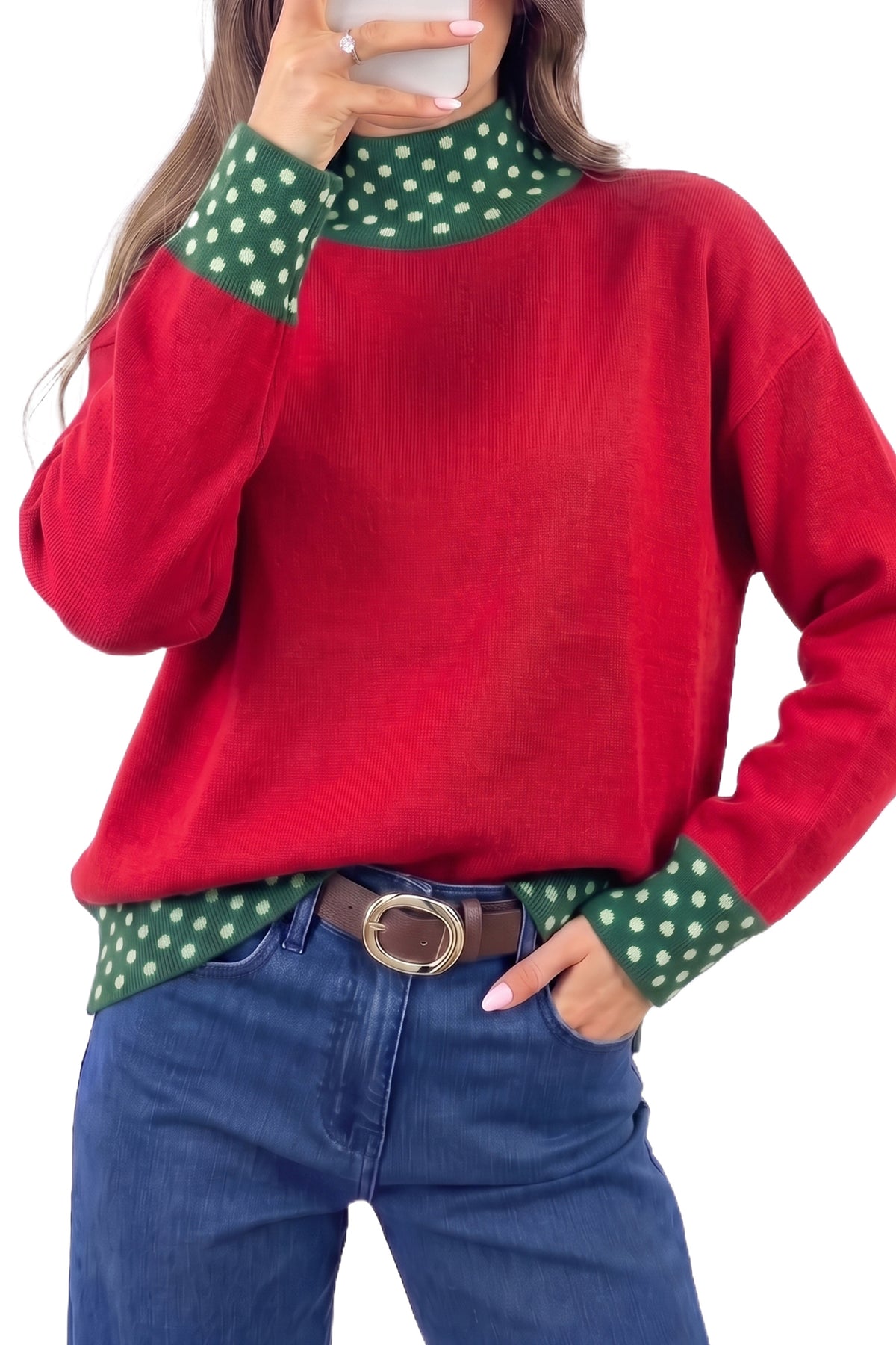Fiery Red Polka Dot Contrast Mock Neck Sweater-TOPS / DRESSES-[Adult]-[Female]-2022 Online Blue Zone Planet