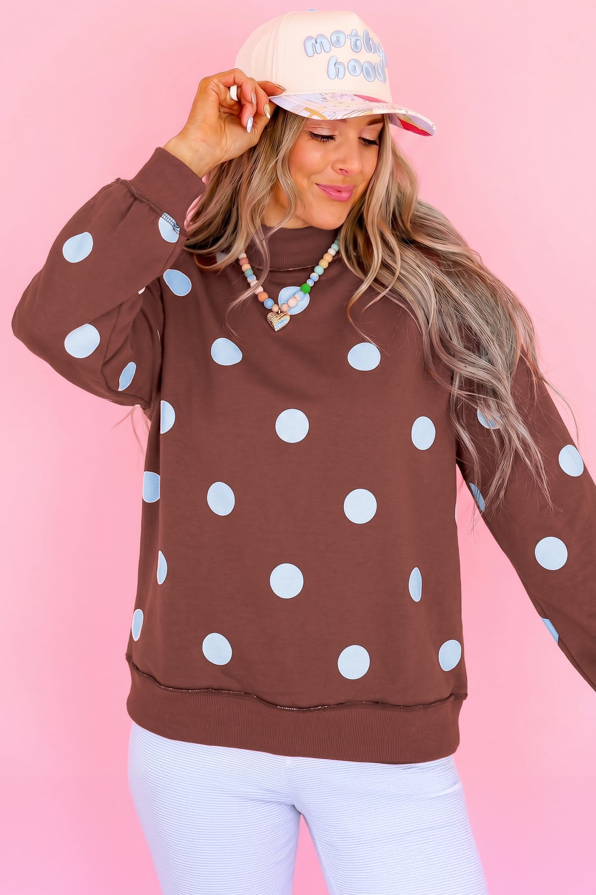 Clay Polka Dot/GOOD DAY Print Reversible Mock Neck Pullover Sweatshirt-Tops/Sweatshirts & Hoodies-[Adult]-[Female]-2022 Online Blue Zone Planet