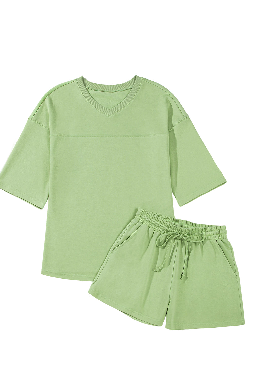 Meadow Mist Green Solid Loose V Neck Half Sleeve Tee and Shorts-Two Piece Sets/Short Sets-[Adult]-[Female]-2022 Online Blue Zone Planet