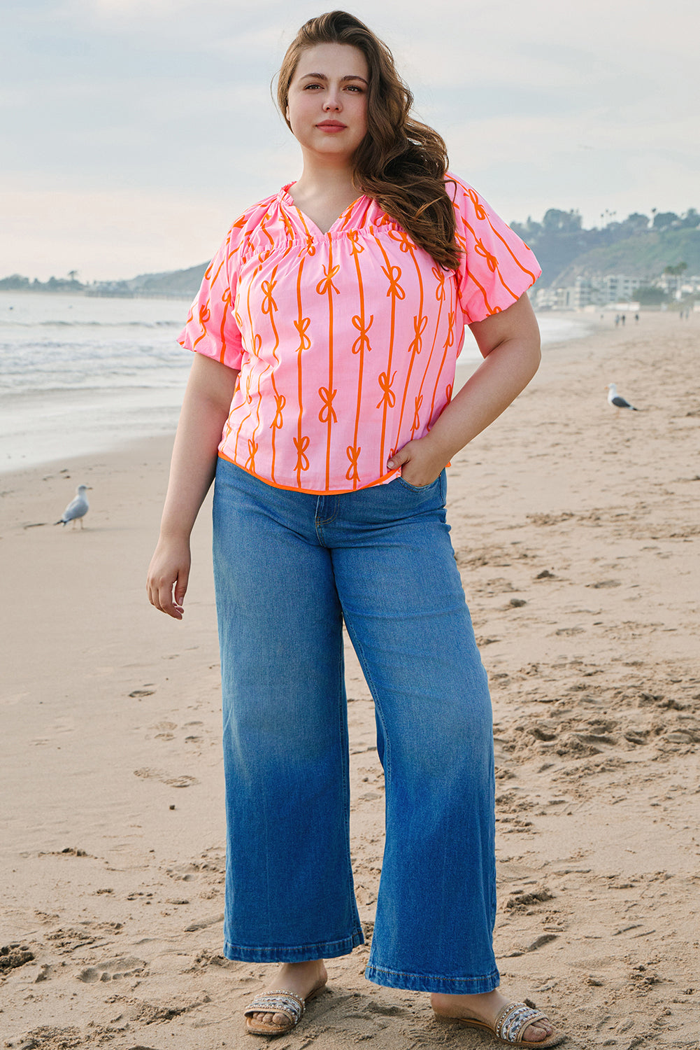 Blue Zone Planet | Rose Bowknot Print Shirred V Neck Puff Sleeve Plus Size Blouse-Plus Size/Plus Size Tops/Plus Size Blouses & Shirts-[Adult]-[Female]-2022 Online Blue Zone Planet