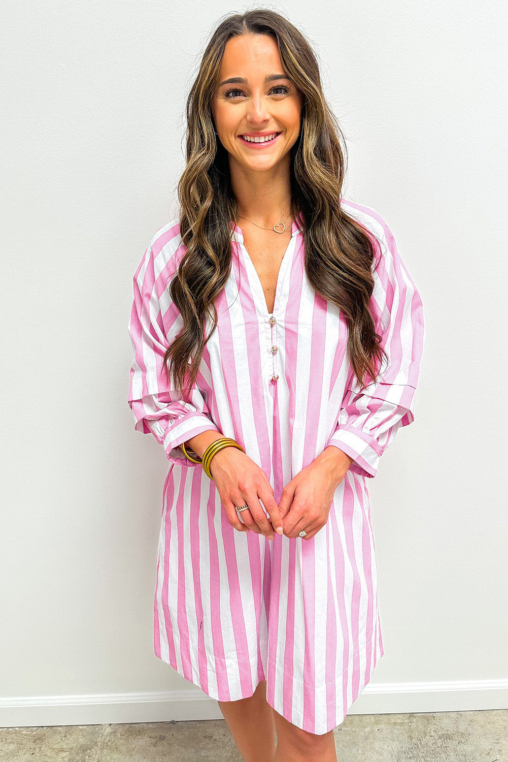 Rose Stripe Bracelet Sleeve Buttons Loose Mini Dress-Bracelet-[Adult]-[Female]-2022 Online Blue Zone Planet