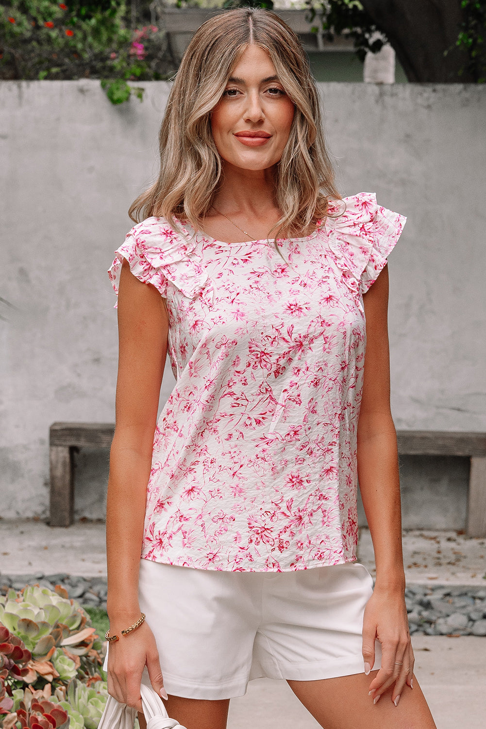 Pink Floral Ruffled Short Sleeve Bow Back Square Neck Blouse-Tops/Blouses & Shirts-[Adult]-[Female]-2022 Online Blue Zone Planet