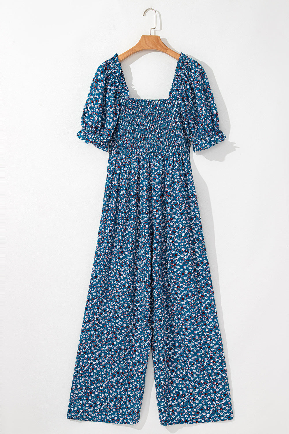 Blue Vintage Boho Floral Smocked Short Puff Sleeve Wide Leg Jumpsuit-Jumpsuits-[Adult]-[Female]-2022 Online Blue Zone Planet