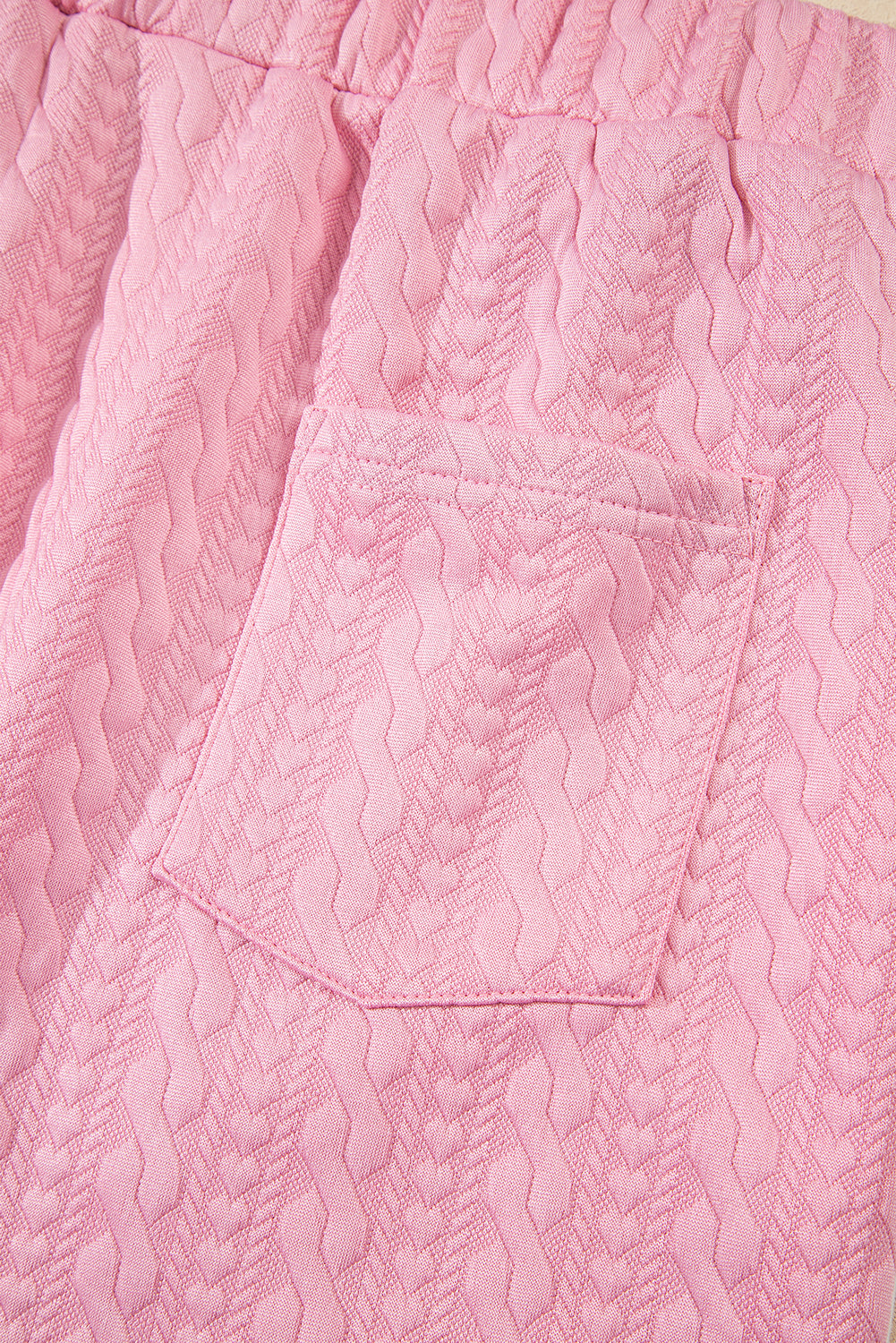 Pink Contrast Trim Textured Crewneck Tee and Pocketed Skirt Set-Two Piece Sets/Two Piece Dresses-[Adult]-[Female]-2022 Online Blue Zone Planet
