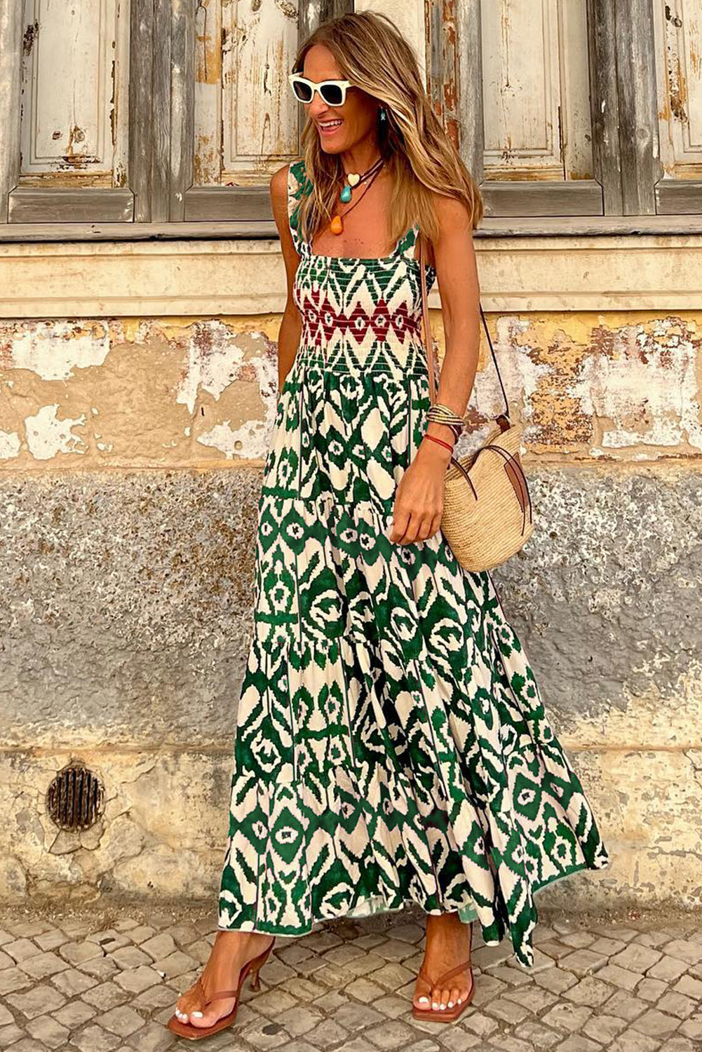 Green Boho Shirred A line Sleeveless Maxi Dress-Maxi Dresses-[Adult]-[Female]-2022 Online Blue Zone Planet