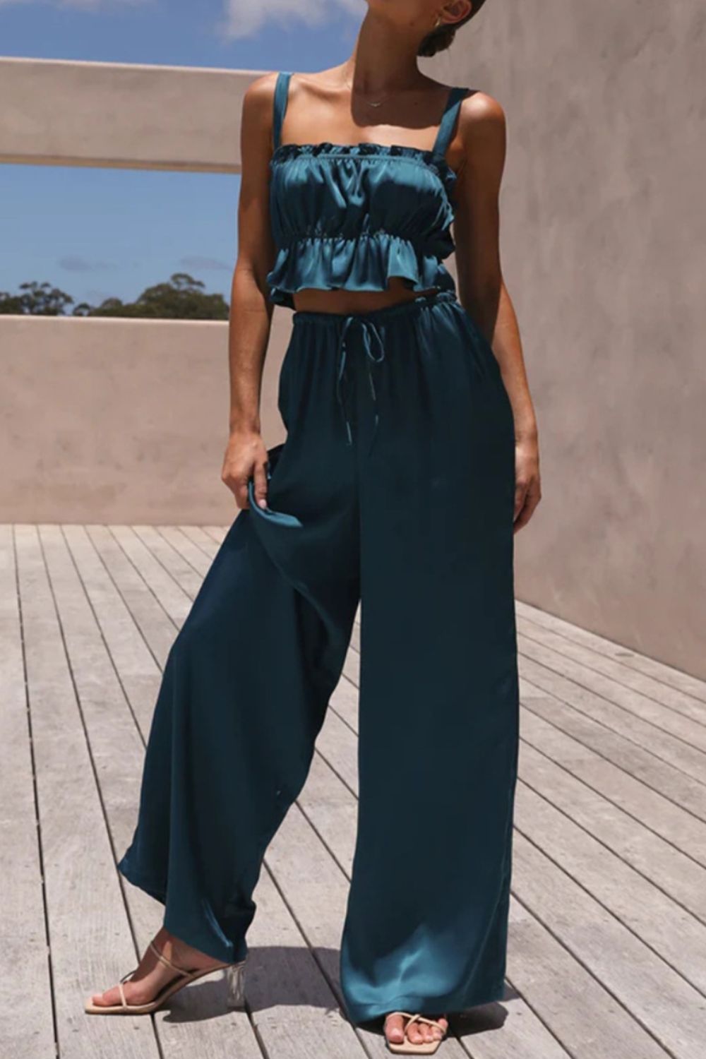 Blue Zone Planet | Ruffled Sleeveless Top and Wide Leg Pants Set-TOPS / DRESSES-[Adult]-[Female]-Peacock Blue-S-2022 Online Blue Zone Planet