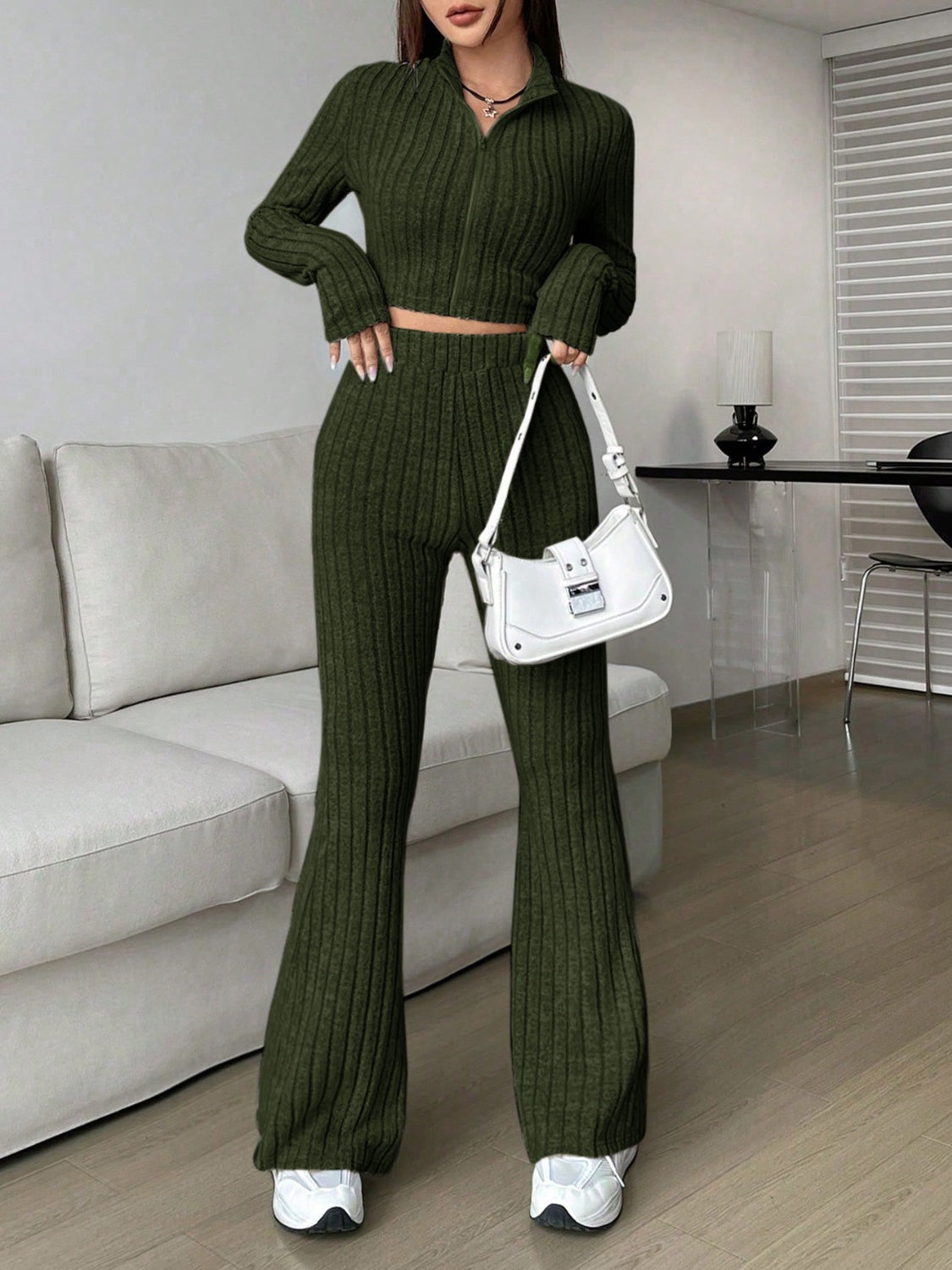 Zip Up Long Sleeve Top and Pants Set-TOPS / DRESSES-[Adult]-[Female]-2022 Online Blue Zone Planet