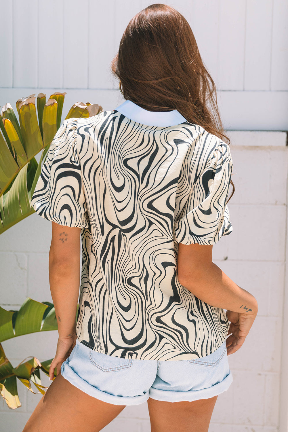 White Zebra Stripe Print Contrast V-Neck Ricrac Detail Short Sleeve Blouse Top-Tops/Blouses & Shirts-[Adult]-[Female]-2022 Online Blue Zone Planet