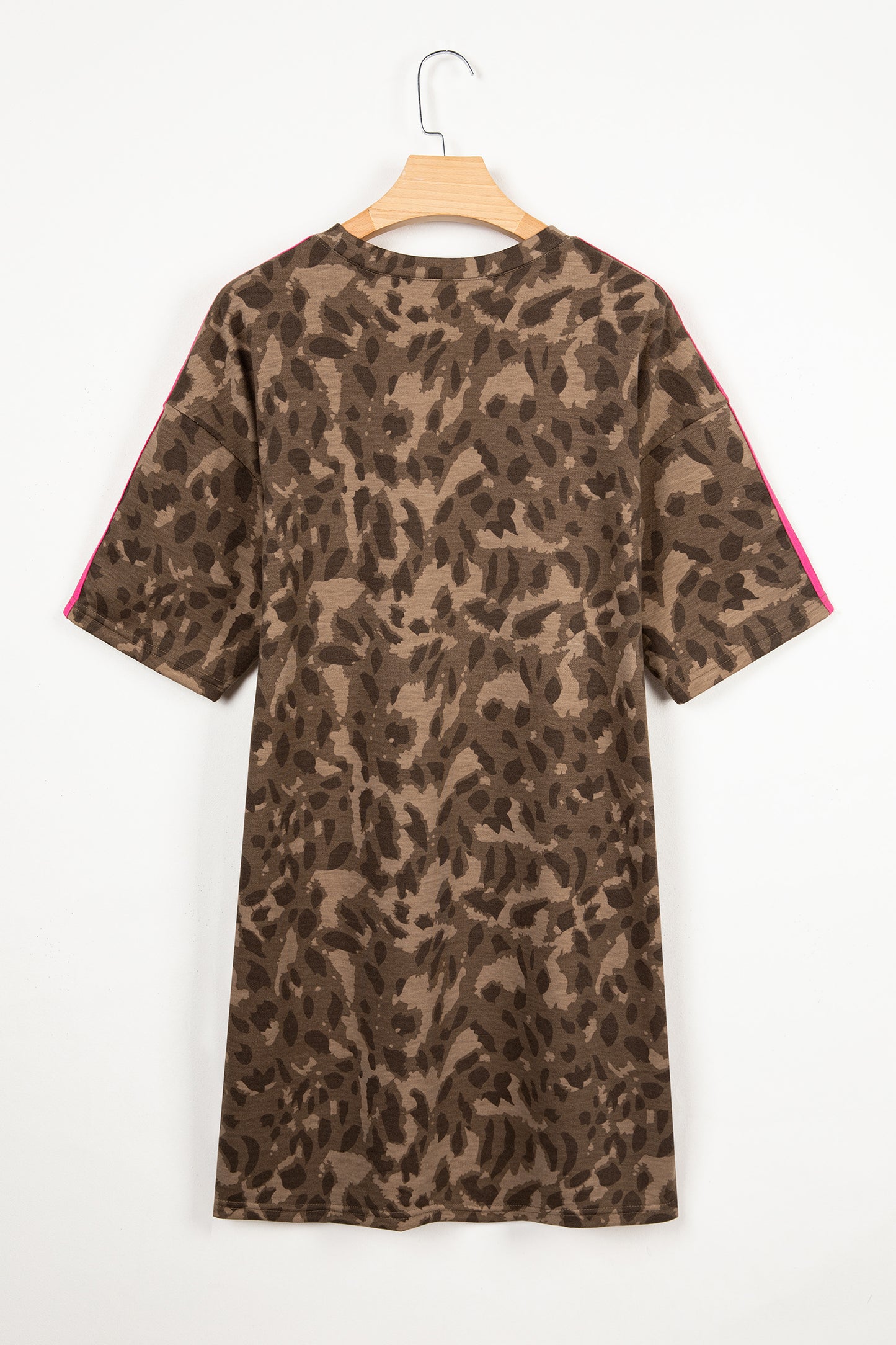 Brown Loose Contrast Striped Accent Leopard T Shirt Mini Dress With Pockets-TOPS / DRESSES-[Adult]-[Female]-2022 Online Blue Zone Planet
