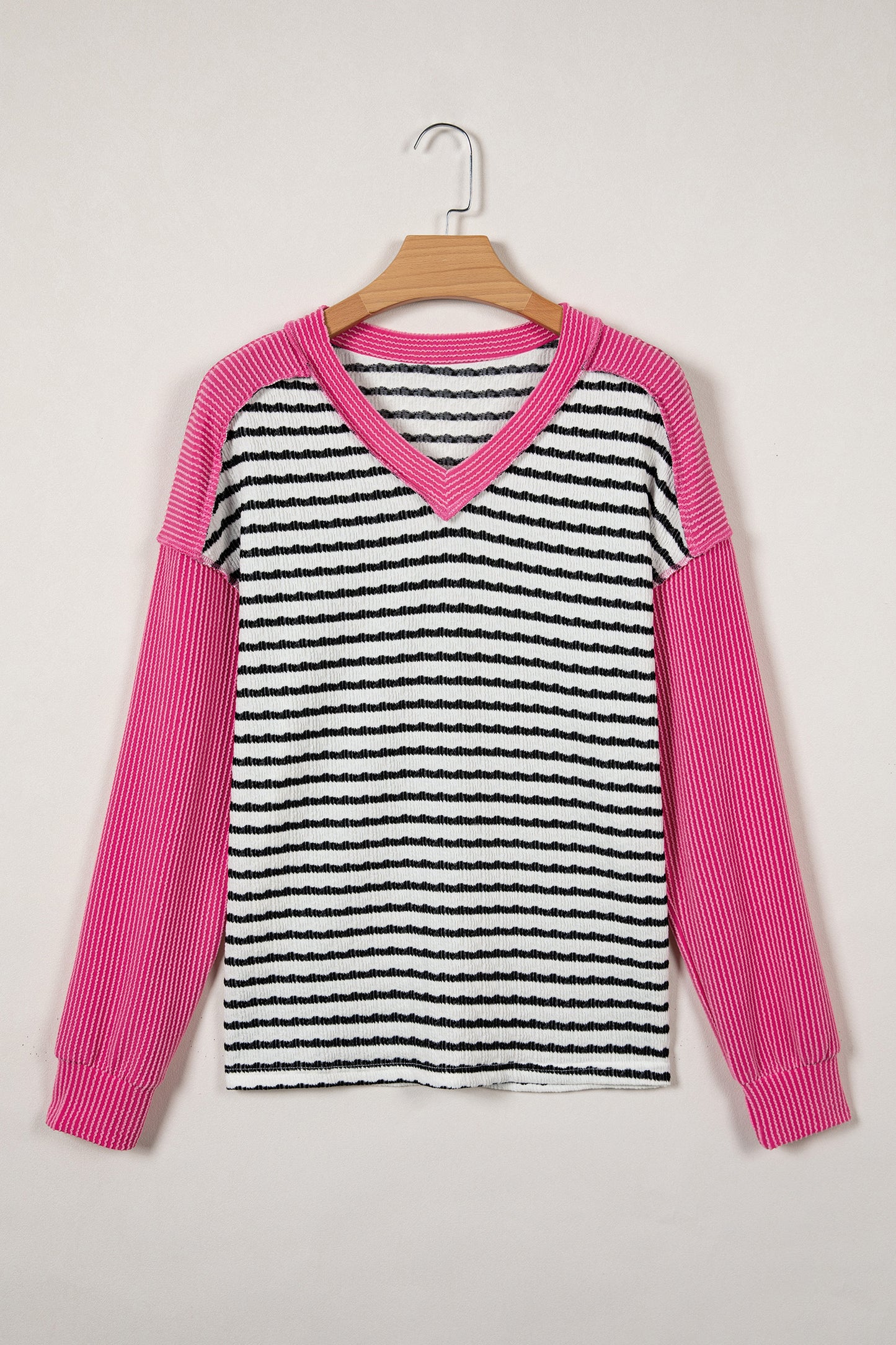Black Stripe Textured Knit Twisted Rib Contrast Patchwork V Neck Long Sleeve Top-Tops/Long Sleeve Tops-[Adult]-[Female]-2022 Online Blue Zone Planet