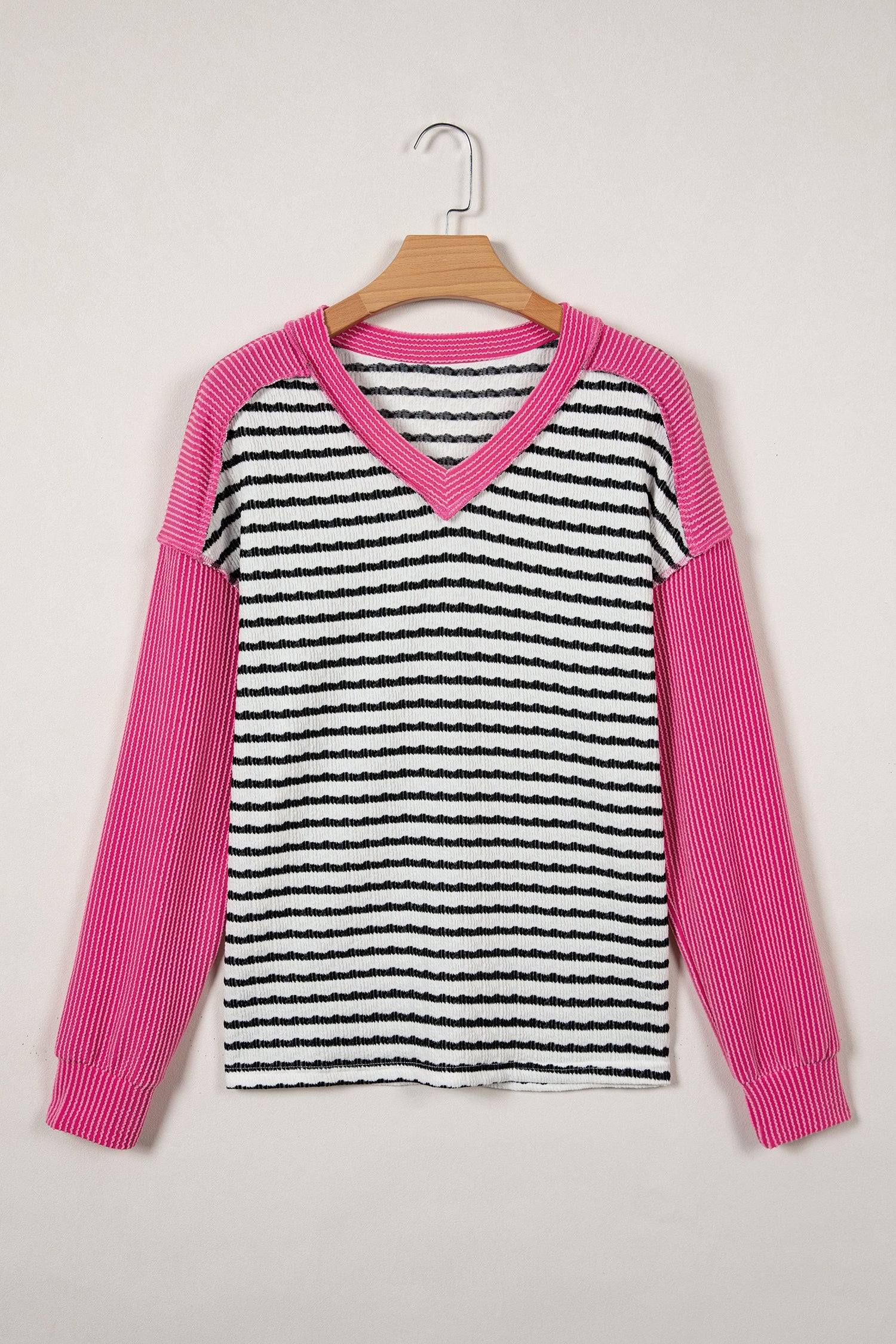 Black Stripe Textured Knit Twisted Rib Contrast Patchwork V Neck Long Sleeve Top-Tops/Long Sleeve Tops-[Adult]-[Female]-2022 Online Blue Zone Planet