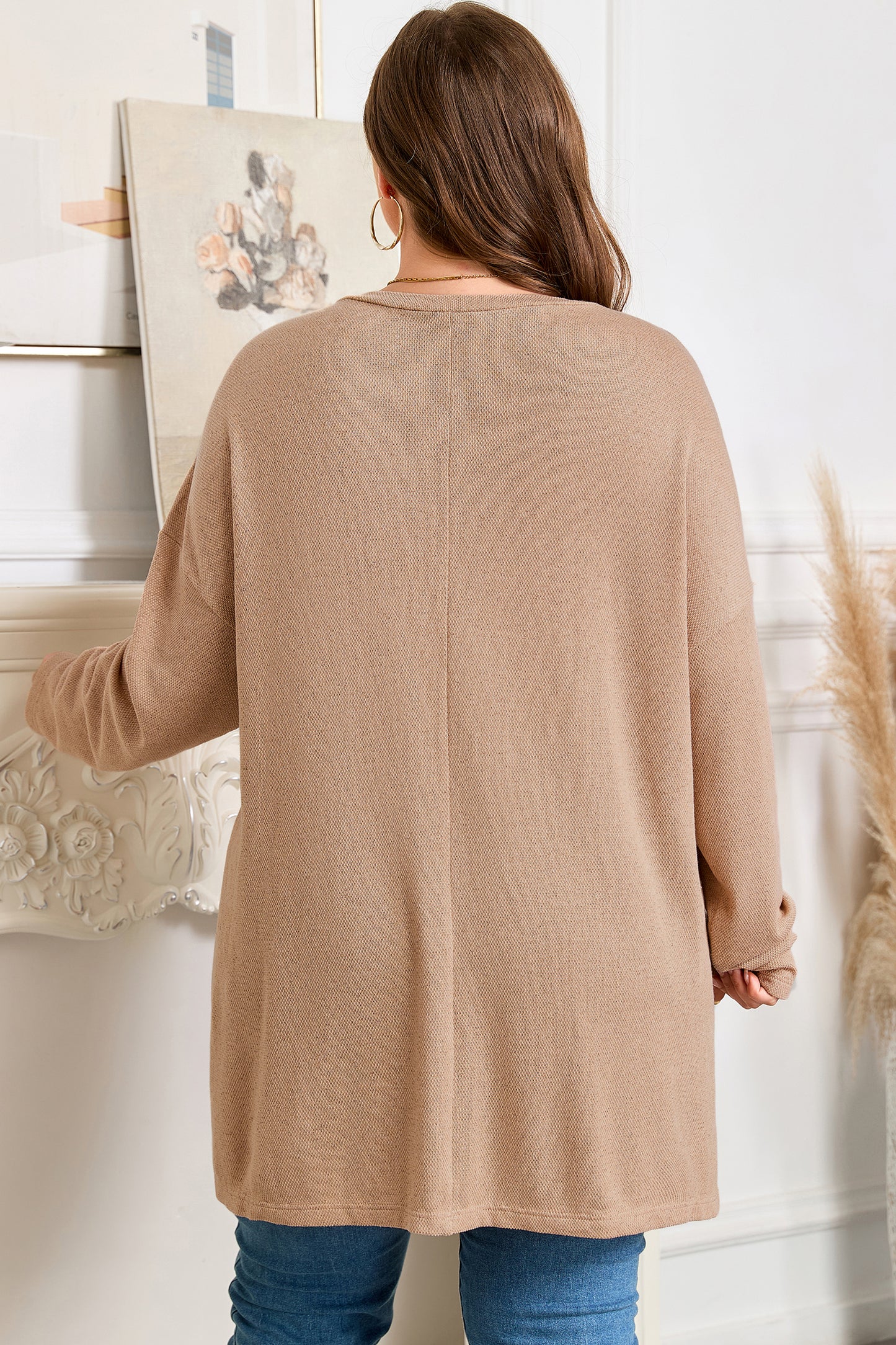Parchment Plus Size Drop Shoulder Knit Tunic Top-Plus Size/Plus Size Tops/Plus Size Long Sleeve Tops-[Adult]-[Female]-2022 Online Blue Zone Planet