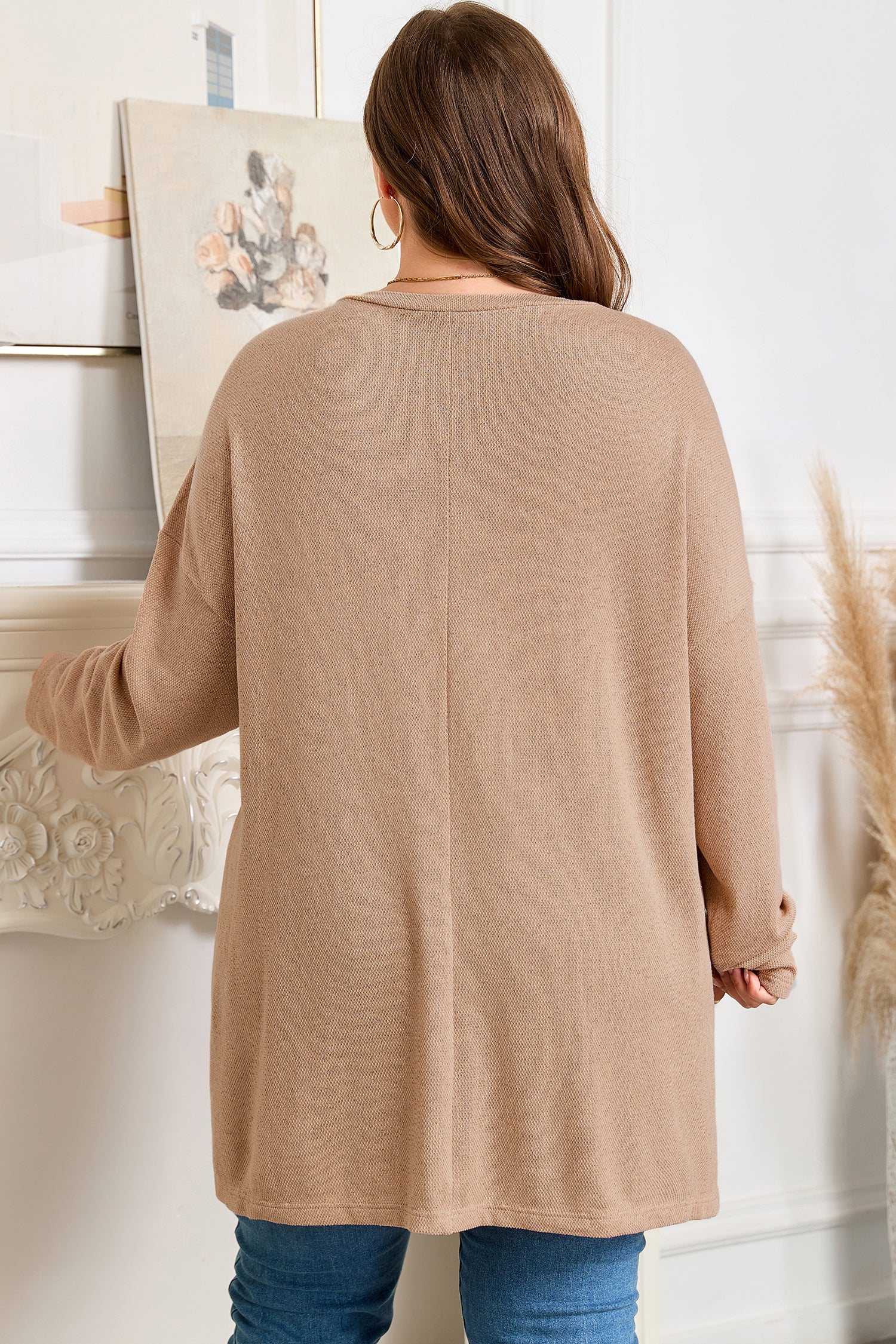 Parchment Plus Size Drop Shoulder Knit Tunic Top-Plus Size/Plus Size Tops/Plus Size Long Sleeve Tops-[Adult]-[Female]-2022 Online Blue Zone Planet
