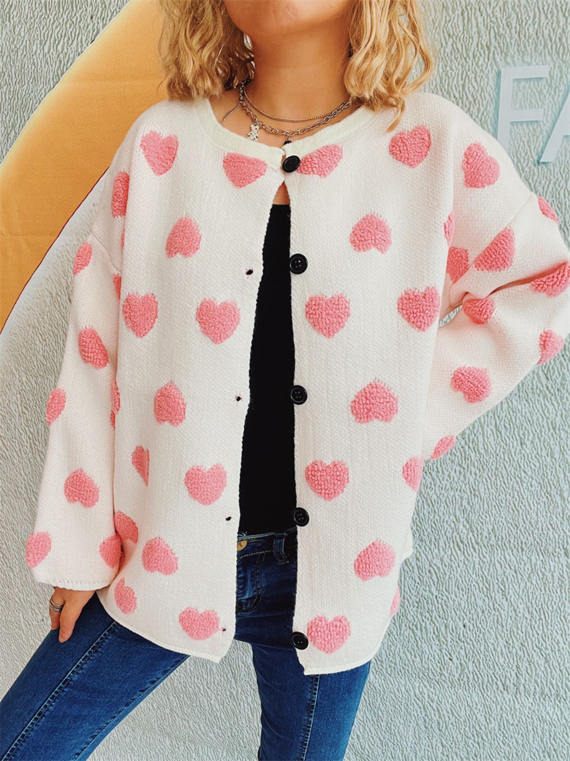 Heart Button Up Long Sleeve Cardigan-TOPS / DRESSES-[Adult]-[Female]-2022 Online Blue Zone Planet