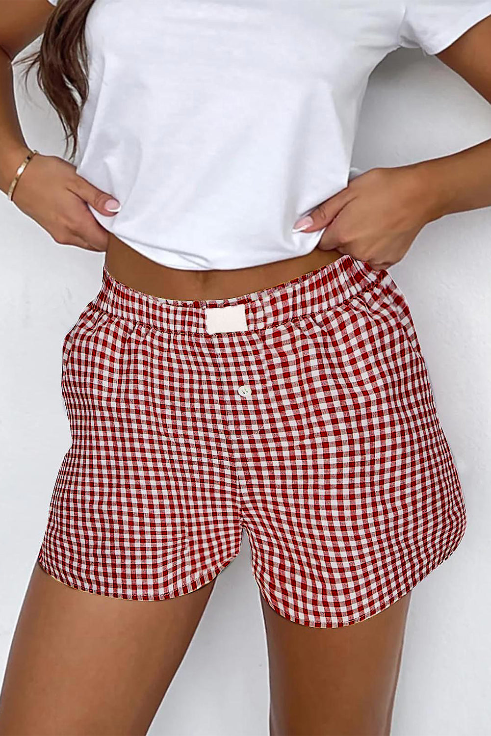 Blue Zone Planet | Red Plaid Gingham Printed High Waist Shorts-Bottoms/Casual Shorts-[Adult]-[Female]-Red Stripe-S-2022 Online Blue Zone Planet