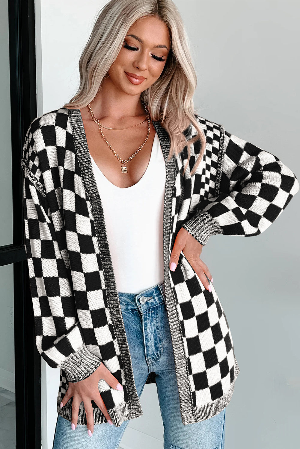 Black Checkered Open Front Drop Shoulder Cardigan-Sweaters & Cardigans/Cardigans-[Adult]-[Female]-2022 Online Blue Zone Planet