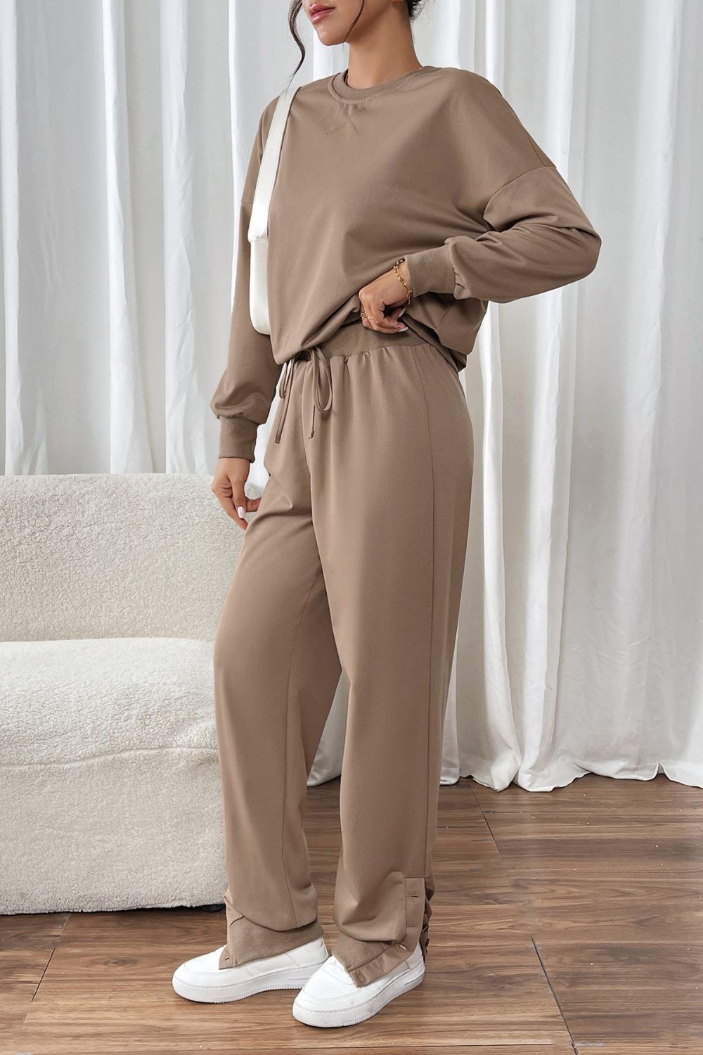 Blue Zone Planet | Perfee Round Neck Long Sleeve Top and Pants Set-TOPS / DRESSES-[Adult]-[Female]-2022 Online Blue Zone Planet